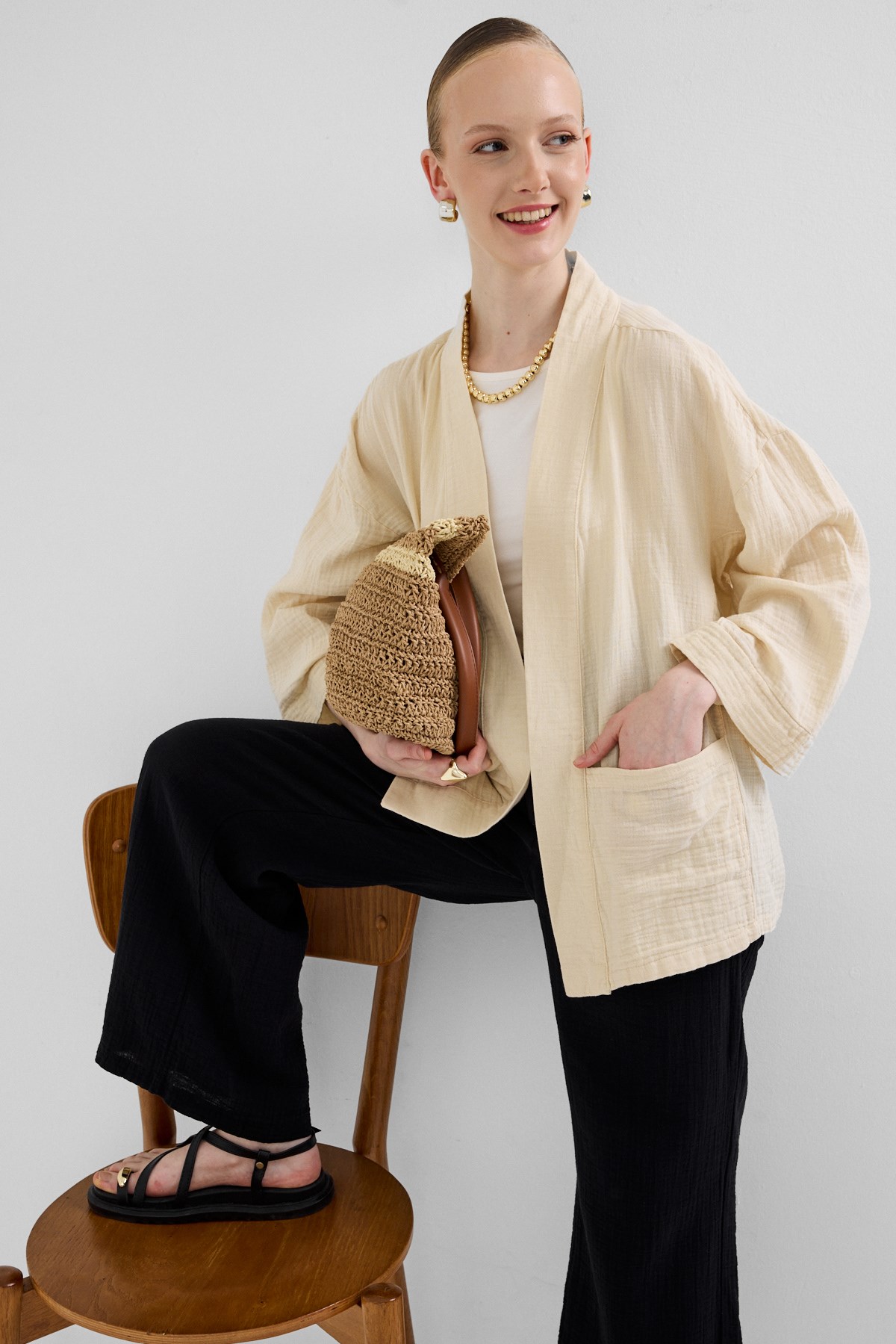 Taş %100 Pamuk Ceplİ Müslin Kimono 8065A