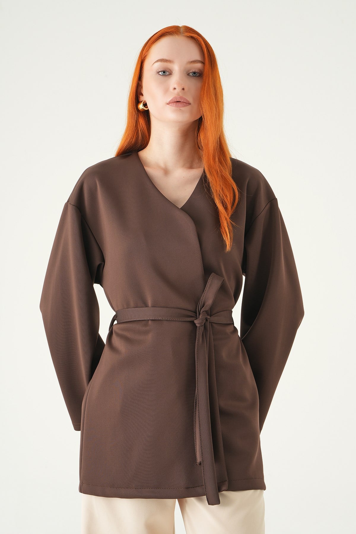 Kuşaklı Geniş Kol Kimono 3068A Kahve 6