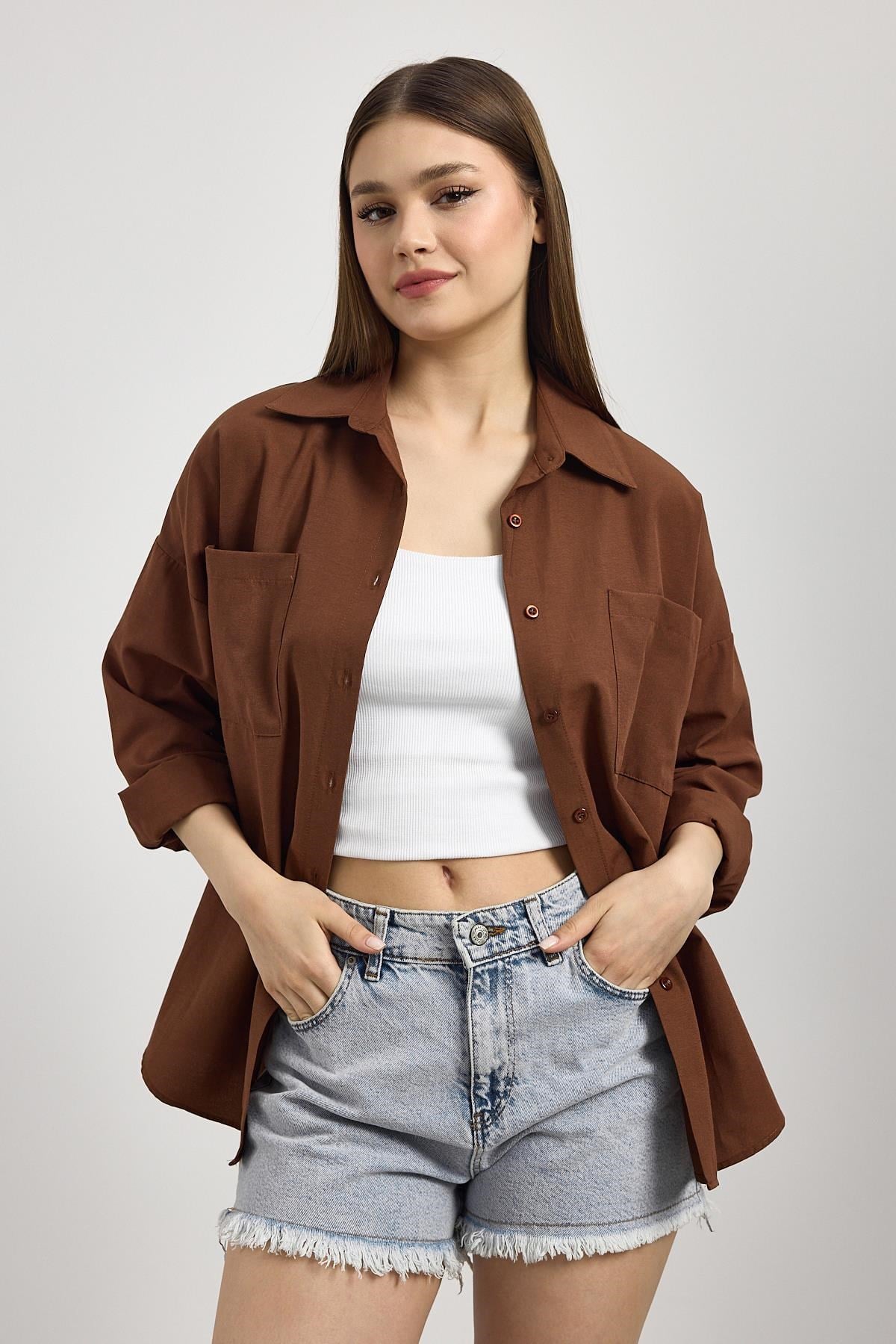 Kahve Çift Cepli Oversize Uzun Basic Gömlek TCR 6256A 7