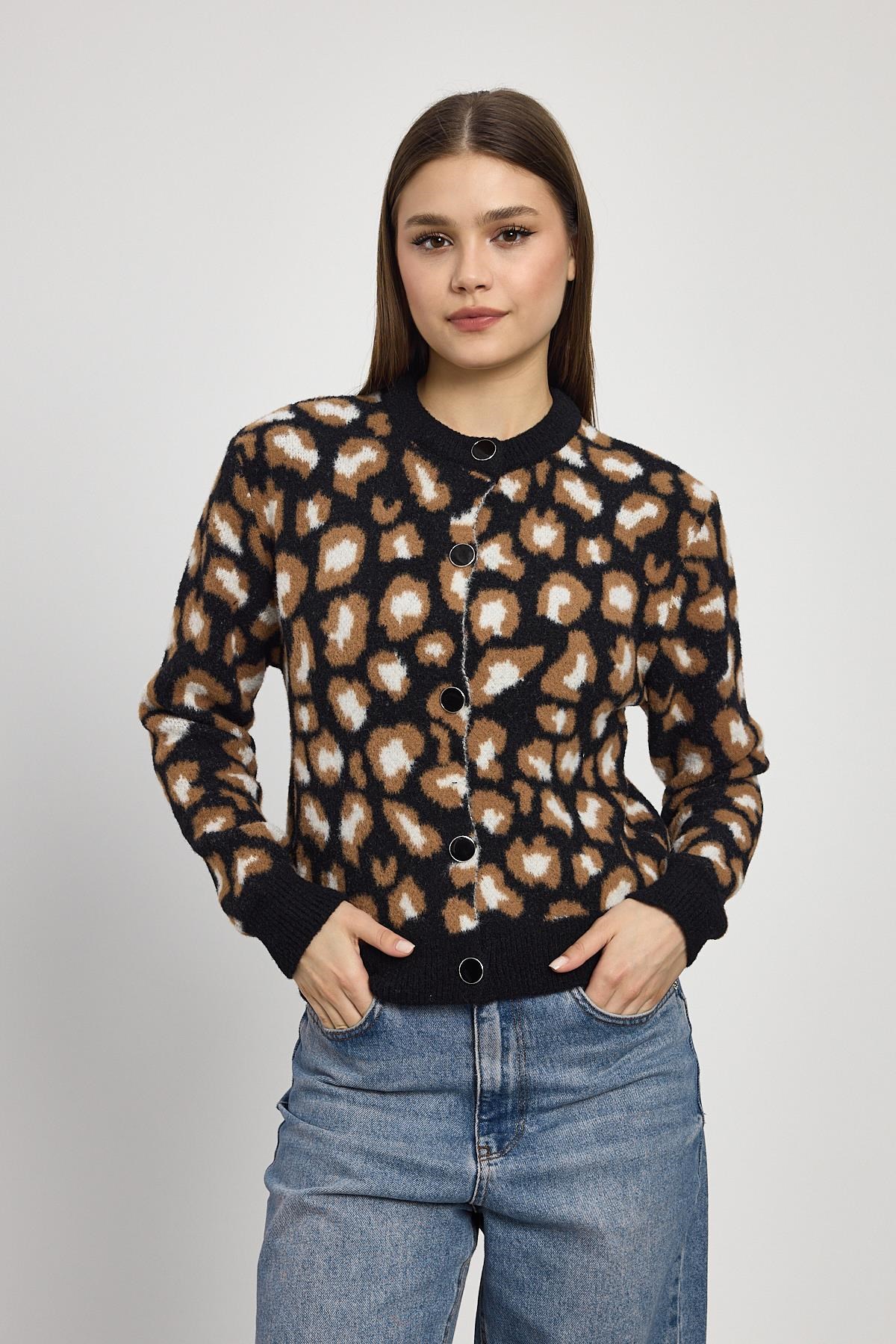 Leopar Detay Triko Hırka 24367 Siyah