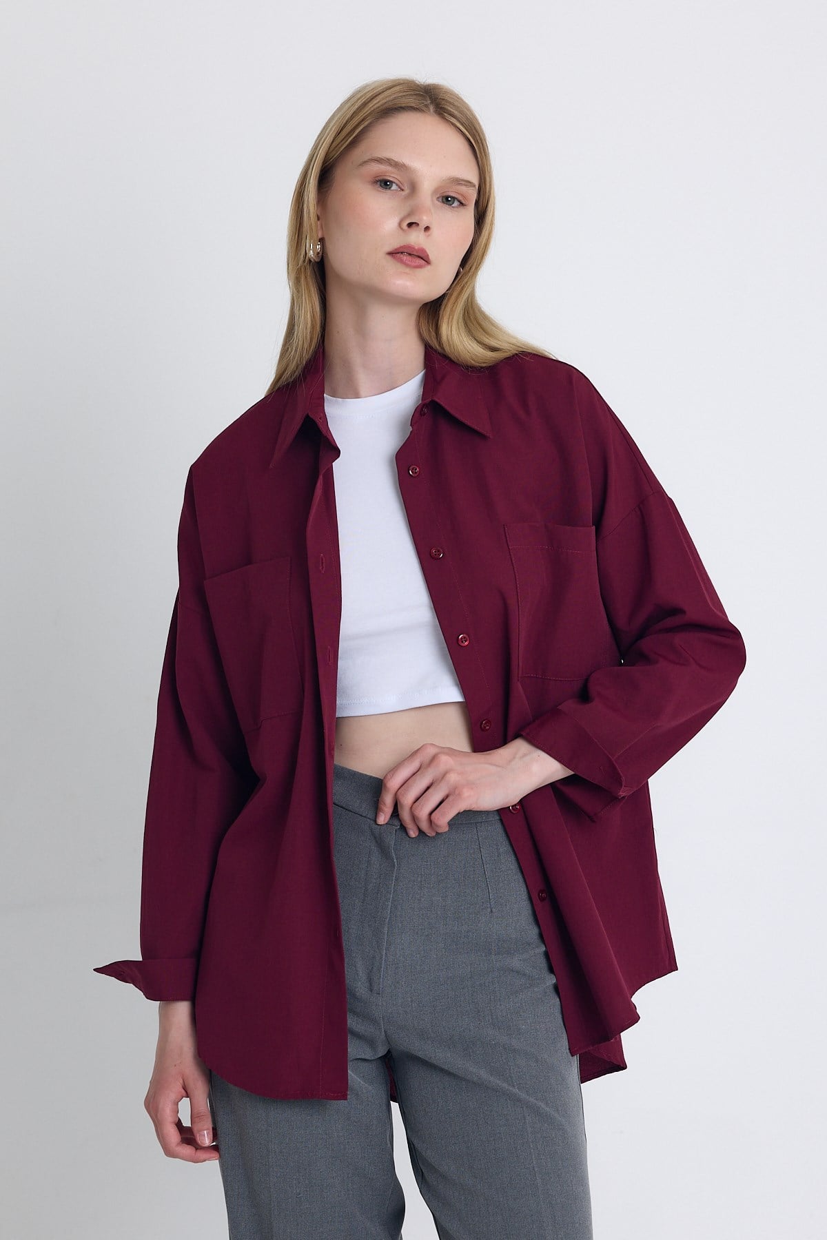 Bordo Çift Cepli Oversize Uzun Basic Gömlek TCR 6256A 7