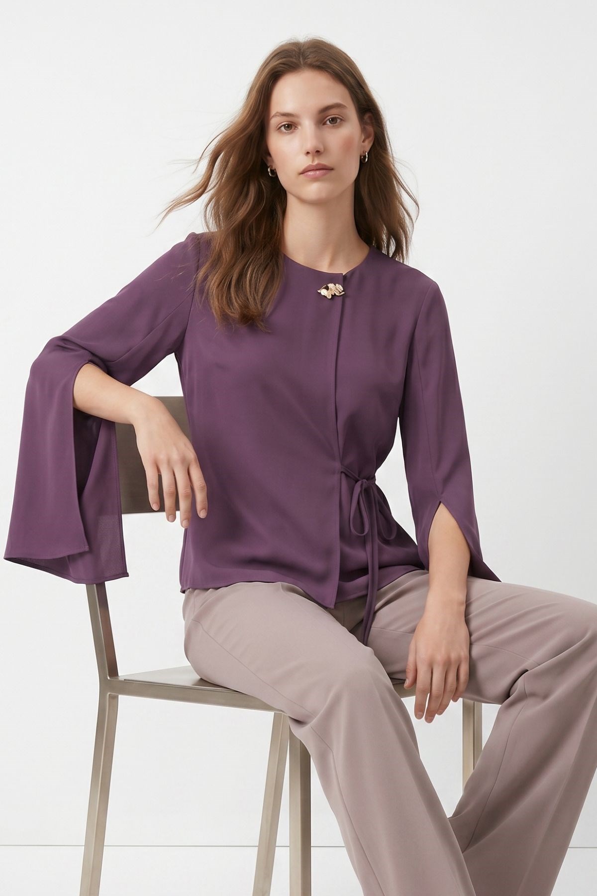 Geniş Kollu Yandan Bağlamalı Broşlu Kimono 6085 Bordo