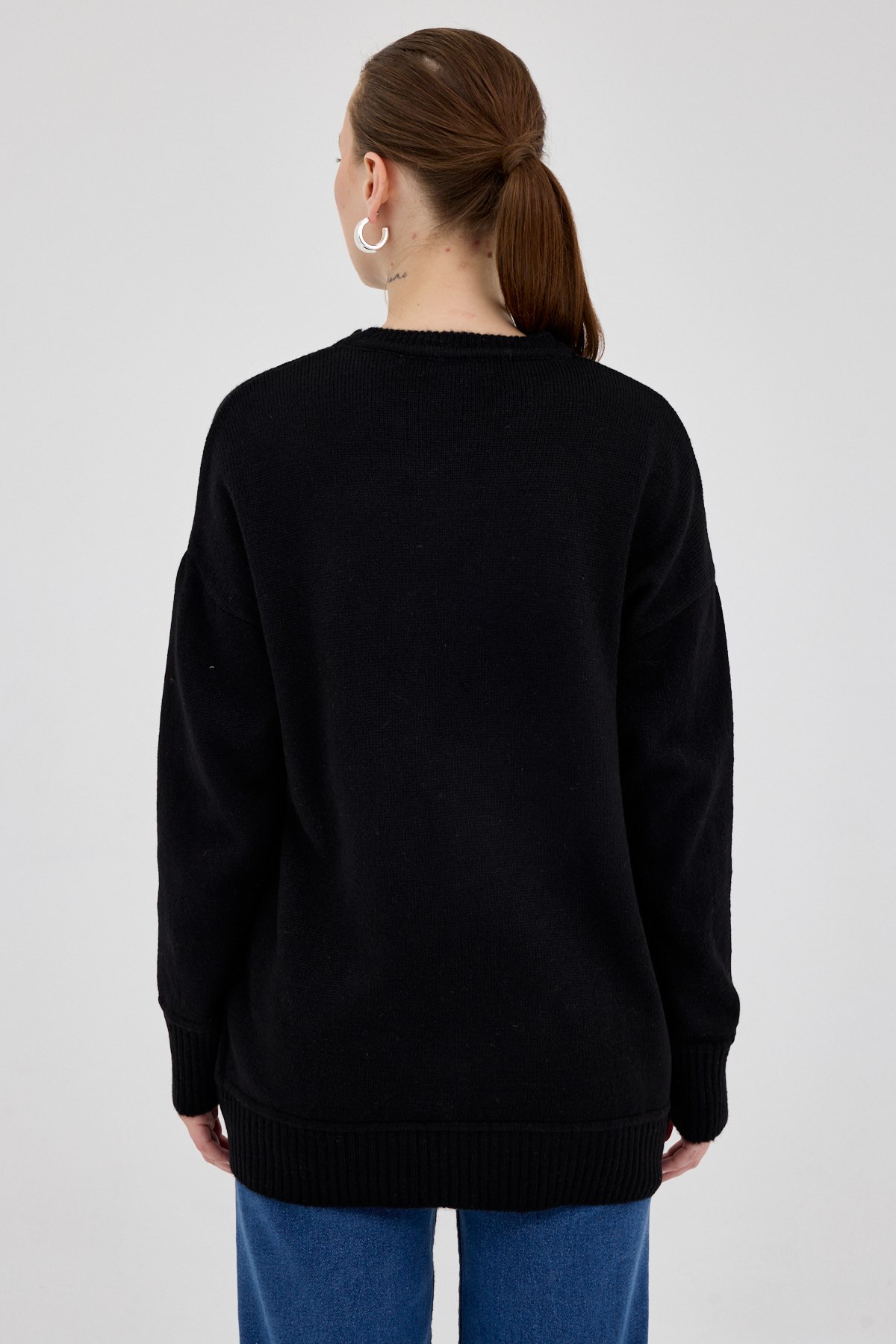 Siyah Oversize Bisiklet Yaka Kadın Kazak 2345 5