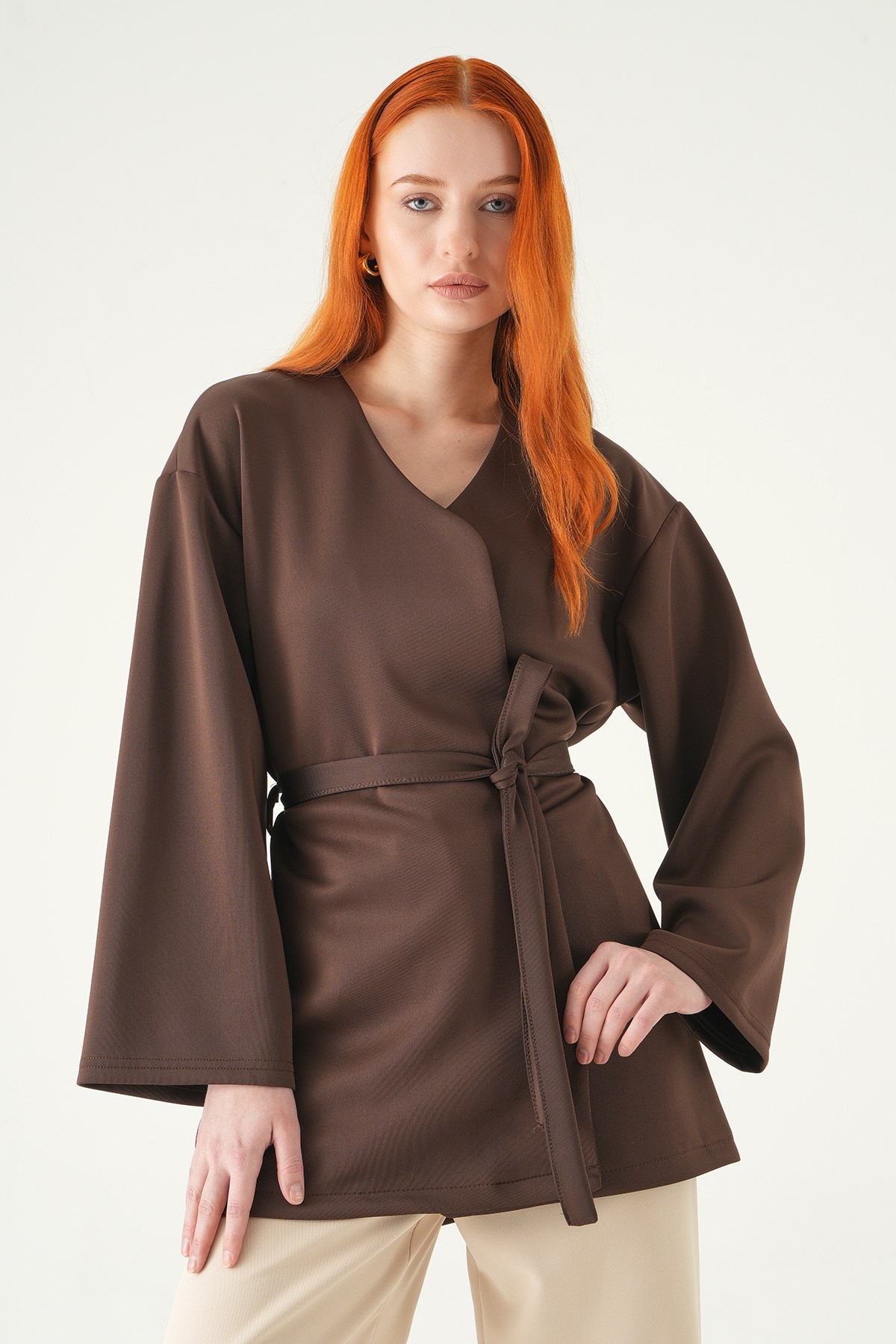 Kuşaklı Geniş Kol Kimono 3068A Kahve 2