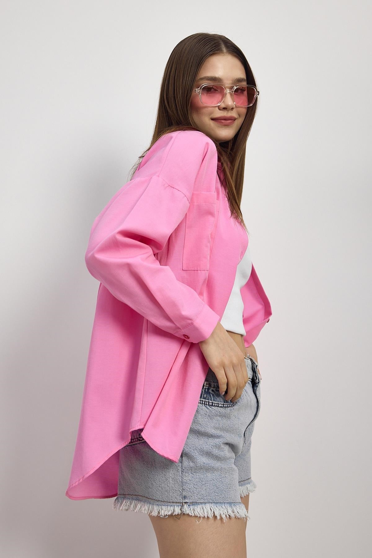 Şeker Pembe Çift Cepli Oversize Uzun Basic Gömlek TCR 6256A 7