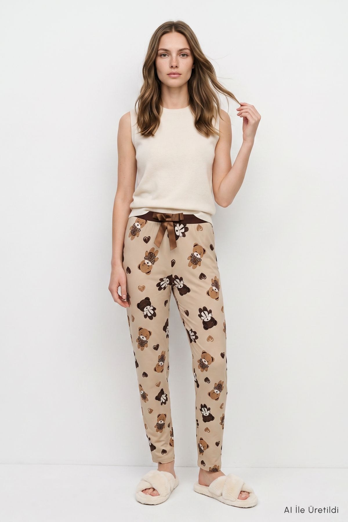 Ayıcık Desen Pijama 4535-1 Koyu Bej