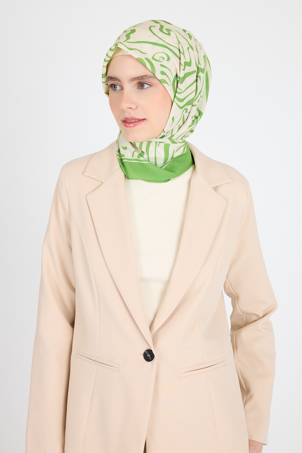 Yağ Yeşili Desenli Eşarp 5694 4
