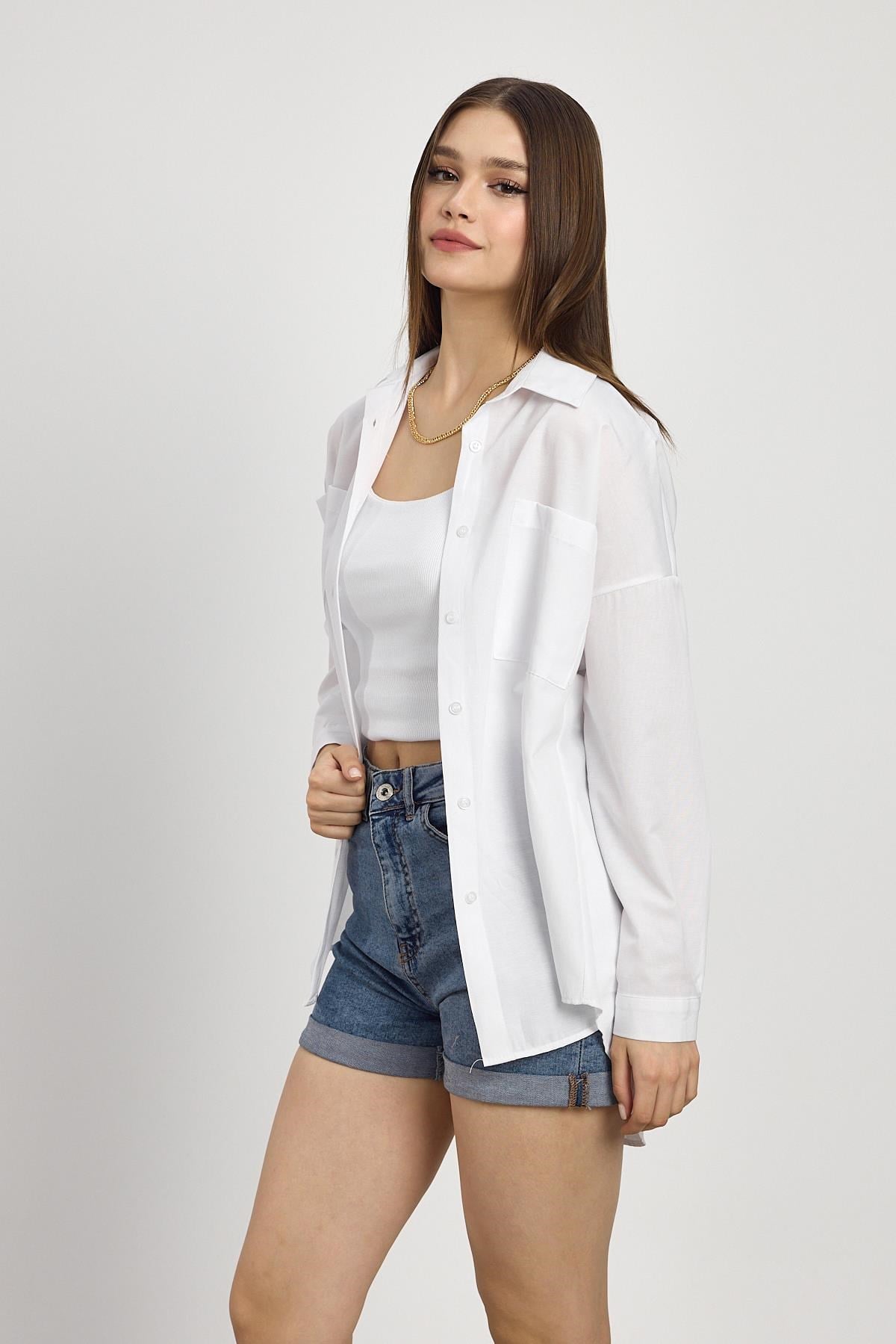 Beyaz Çift Cepli Oversize Uzun Basic Gömlek TCR 6256A 7