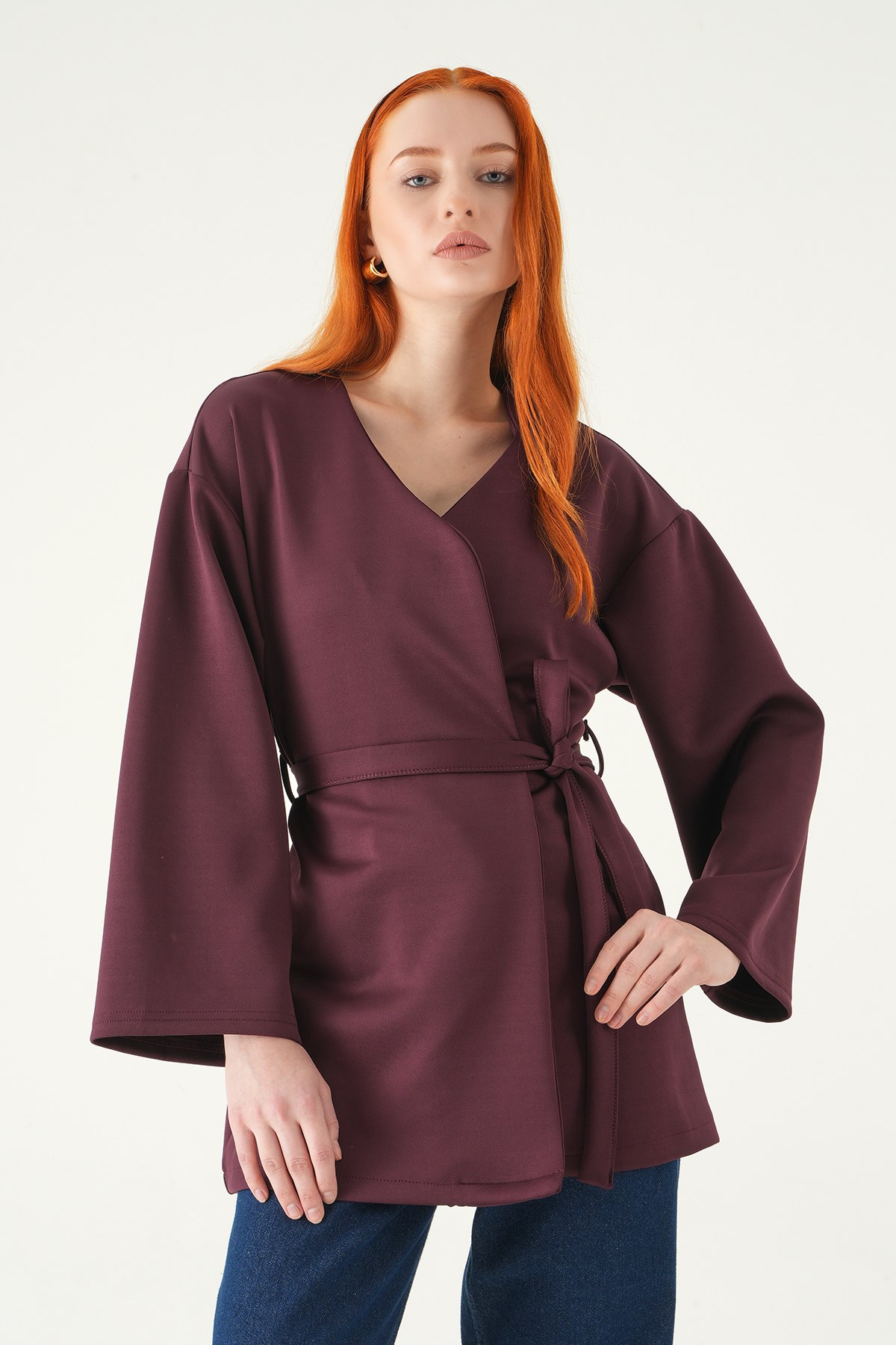 Kuşaklı Geniş Kol Kimono 3068A Mürdüm 6
