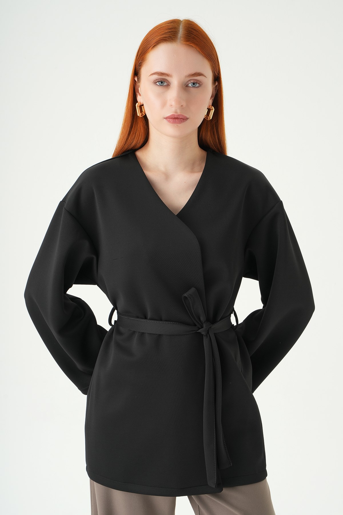 Kuşaklı Geniş Kol Kimono 3068A Siyah 2