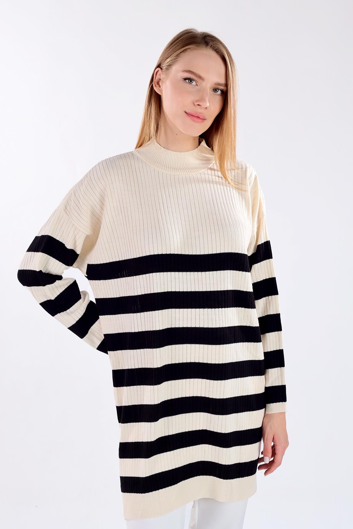 Çizgili Triko Tunik 5330 Ekru