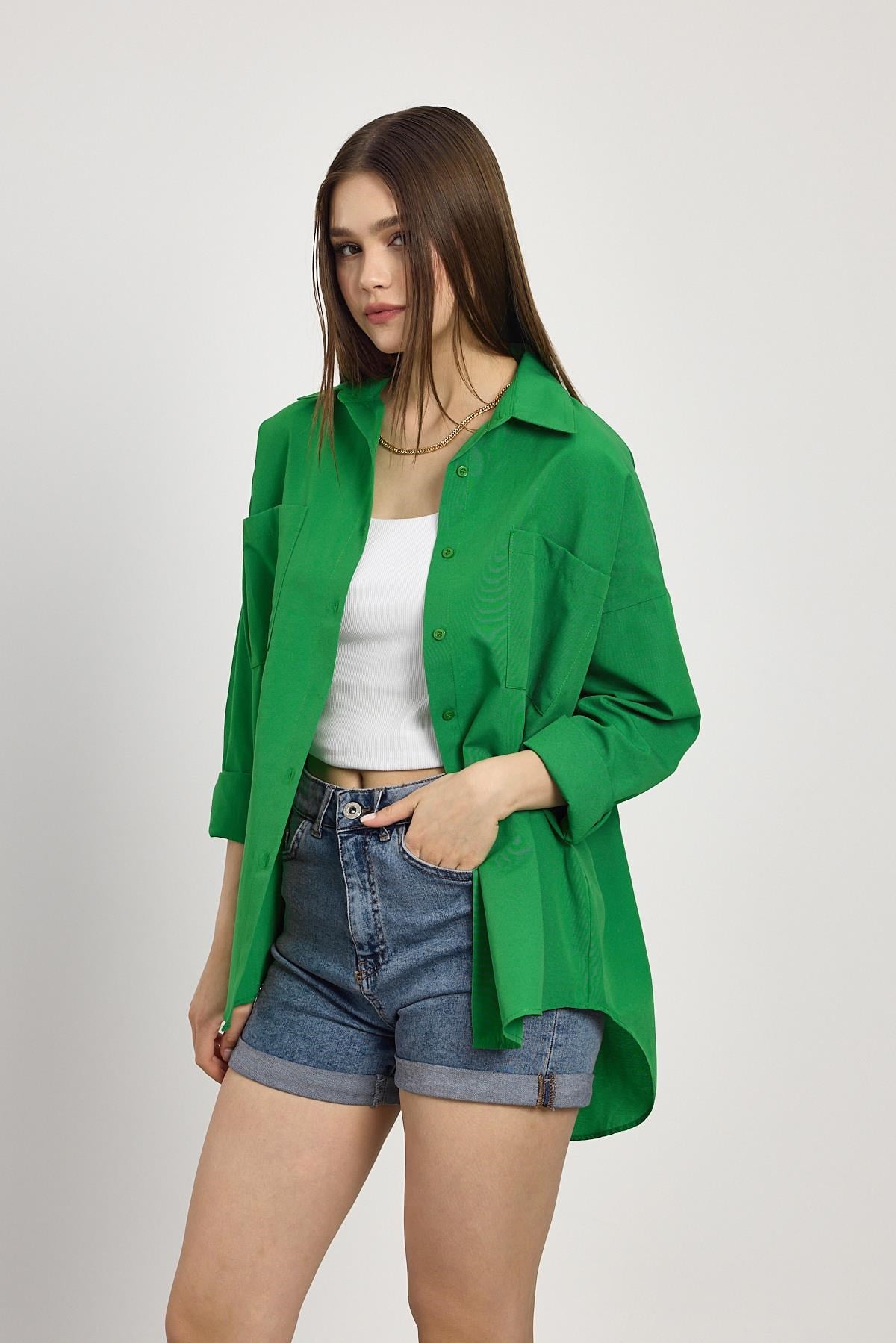 Benetton Yeşili Çift Cepli Oversize Uzun Basic Gömlek TCR 6256A 6