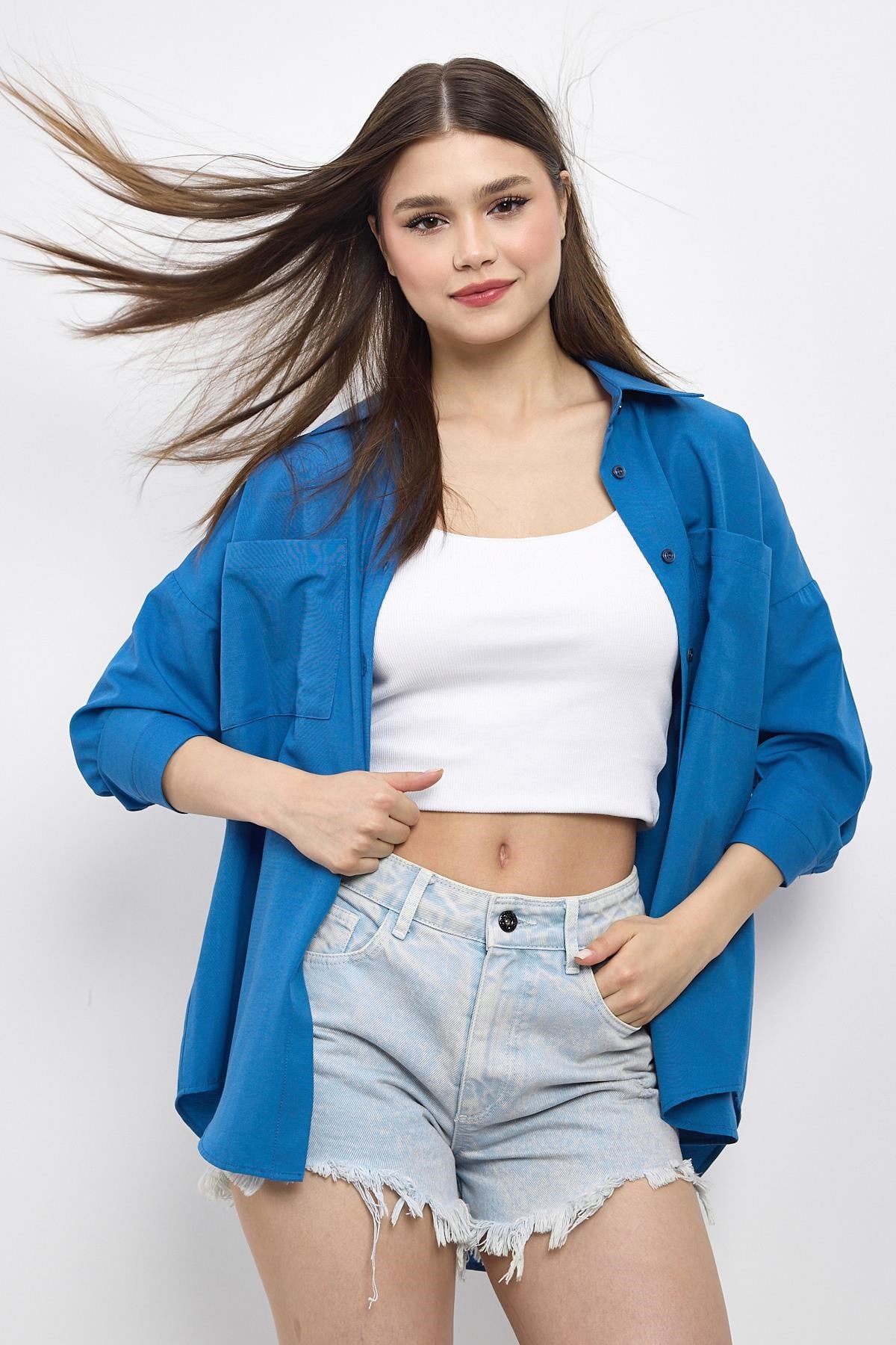 İndigo Çift Cepli Oversize Uzun Basic Gömlek TCR 6256A 6