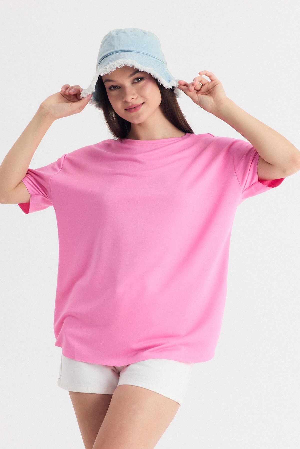 Pembe Yumuşak Dokulu Esnek Premium Kumaş Lazer Kesim Oversize Tişört 1868 3