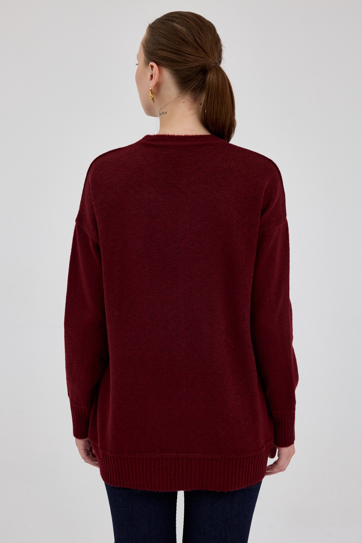 Bordo Oversize Bisiklet Yaka Kadın Kazak 2345 5