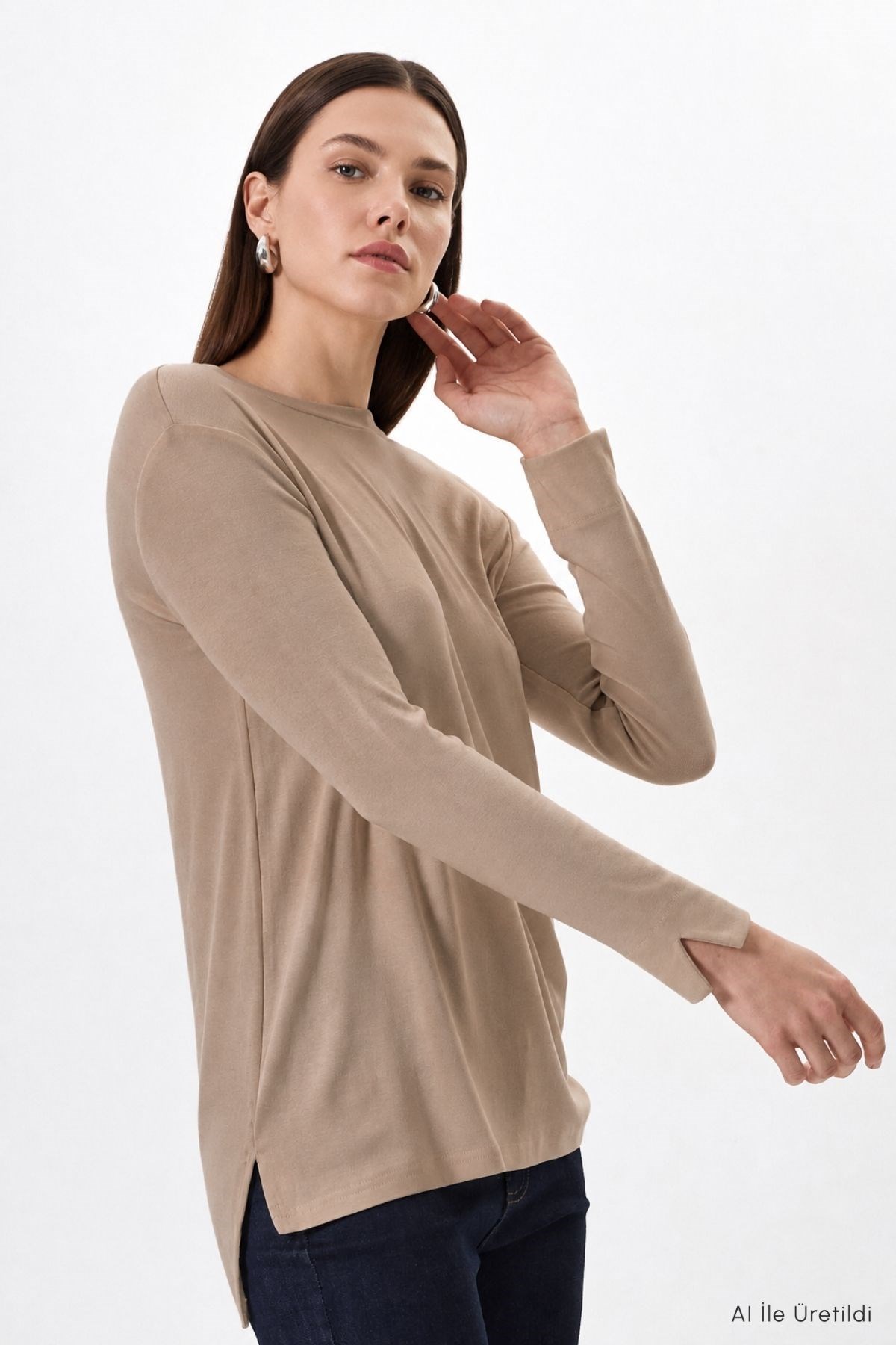 Bisiklet Yaka Yırtmaçlı Tunik 8229A Vizon