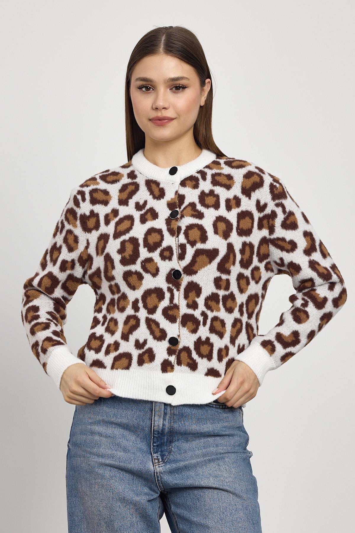Leopar Detay Triko Hırka 24367 Ekru 6