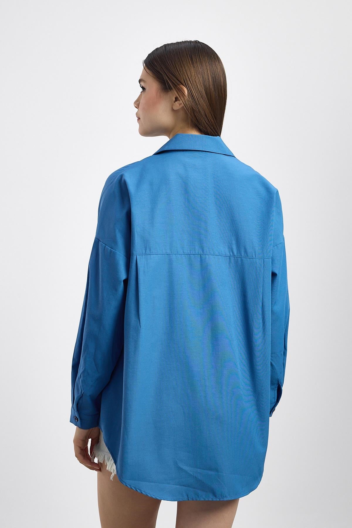 İndigo Çift Cepli Oversize Uzun Basic Gömlek TCR 6256A 5