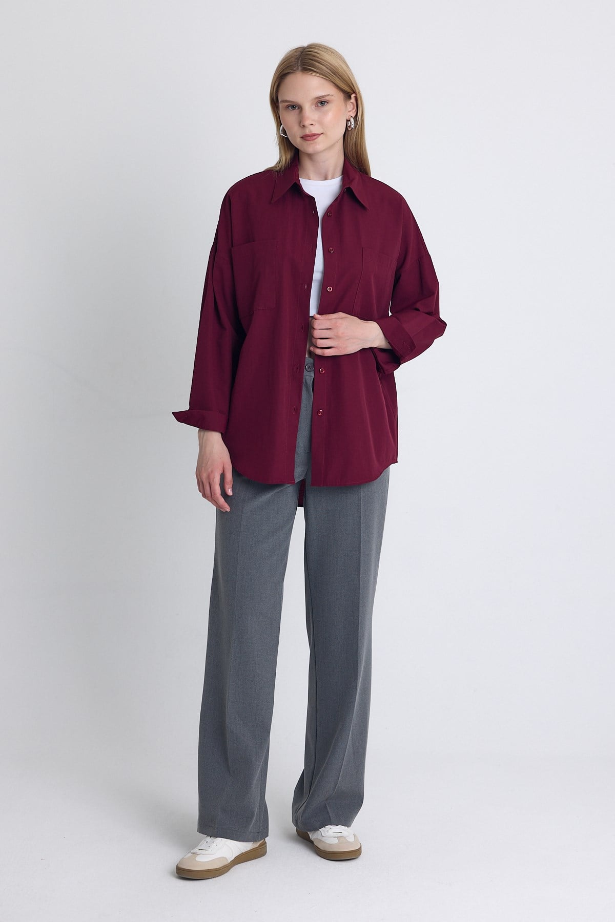 Bordo Çift Cepli Oversize Uzun Basic Gömlek TCR 6256A 6