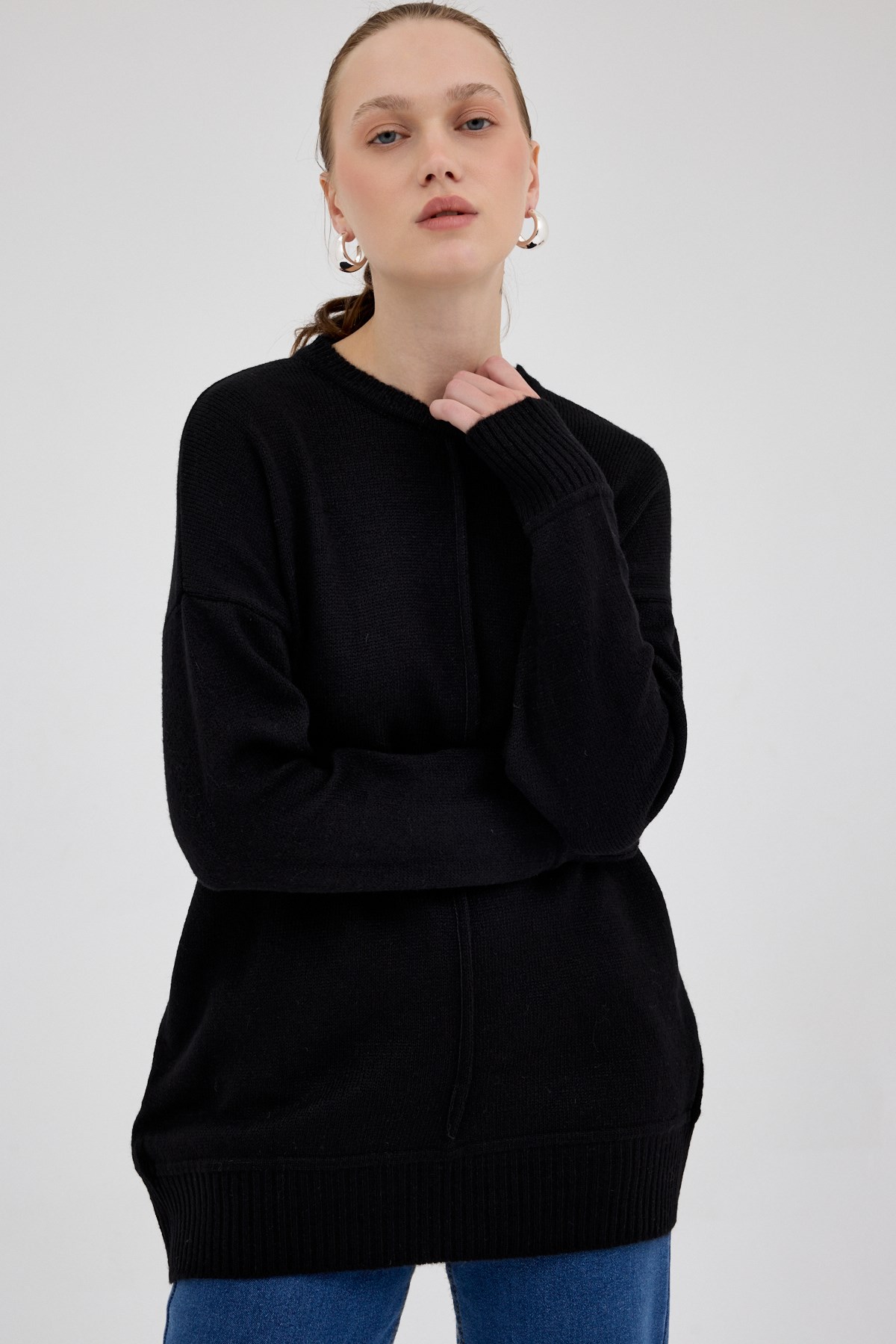 Siyah Oversize Bisiklet Yaka Kadın Kazak 2345 2