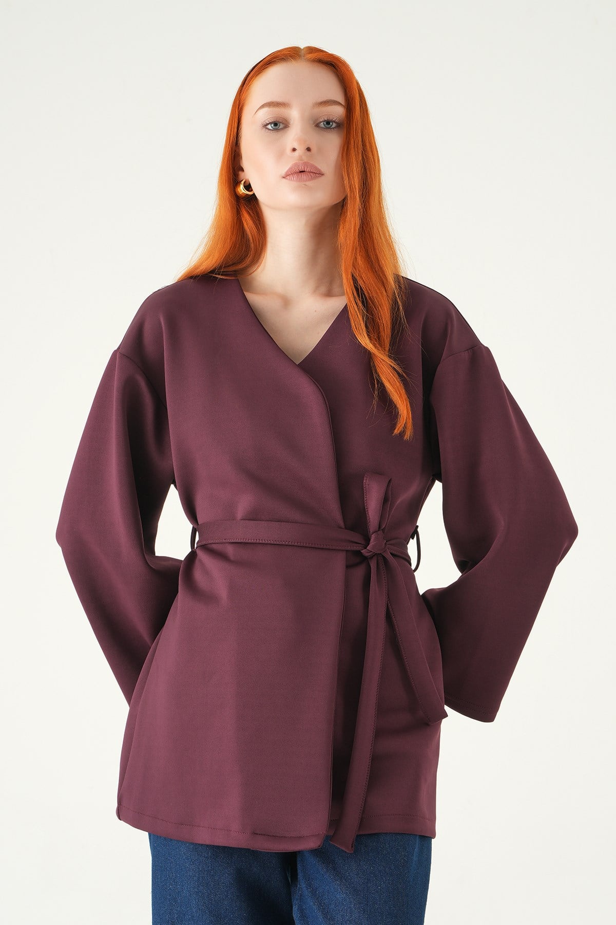 Kuşaklı Geniş Kol Kimono 3068A Mürdüm 7
