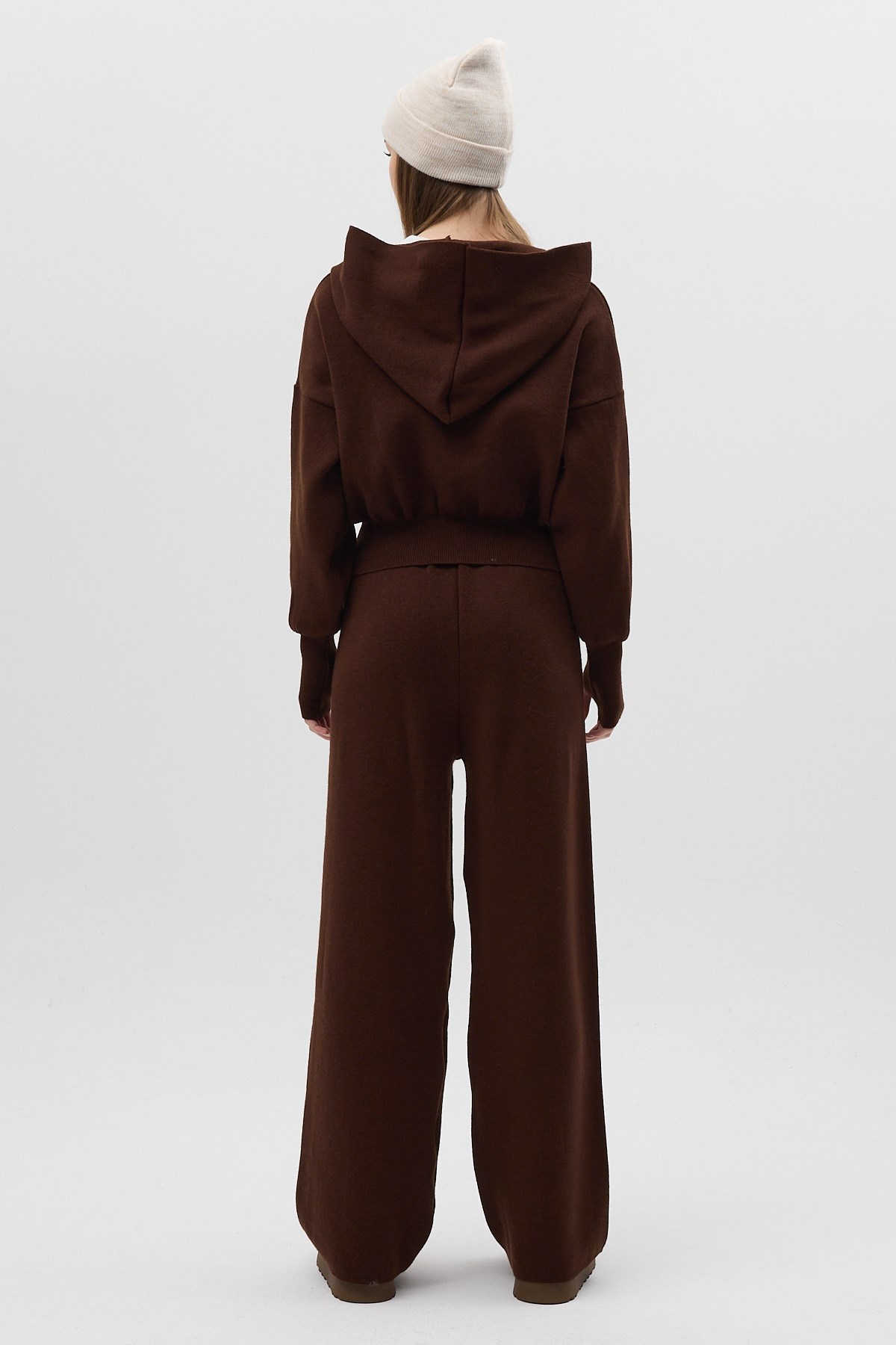 Kahverengi Kapüşonlu Fermuarlı Triko Örme Pantolon Kadın Takım 2460 5