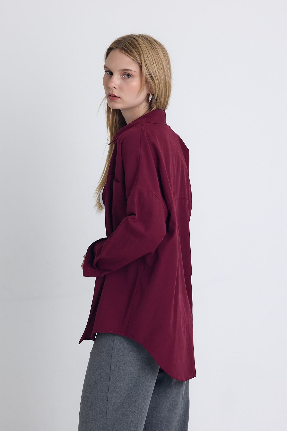 Bordo Çift Cepli Oversize Uzun Basic Gömlek TCR 6256A 4