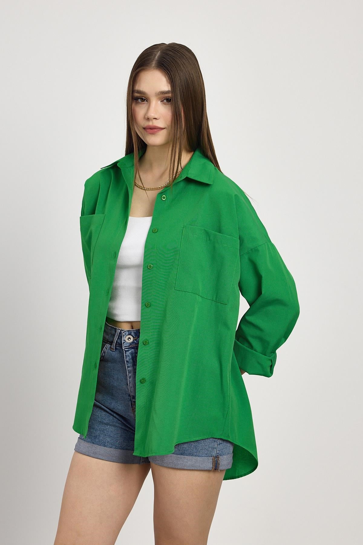 Benetton Yeşili Çift Cepli Oversize Uzun Basic Gömlek TCR 6256A 3