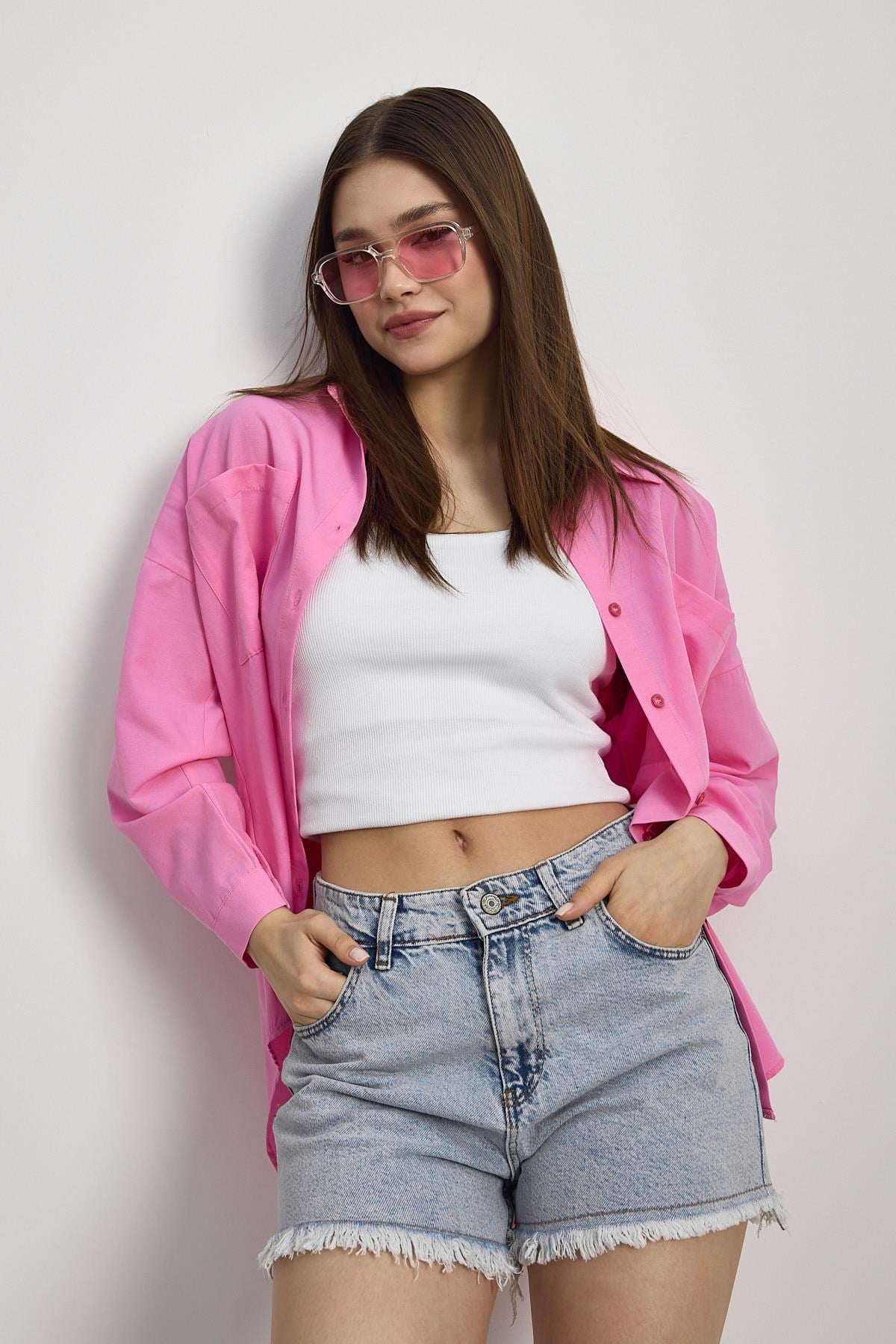 Şeker Pembe Çift Cepli Oversize Uzun Basic Gömlek TCR 6256A 6