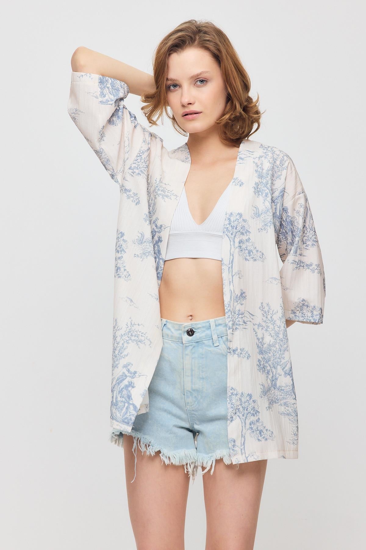 Çiçekli Kısa Kol Kimono 4441A Mavi 6