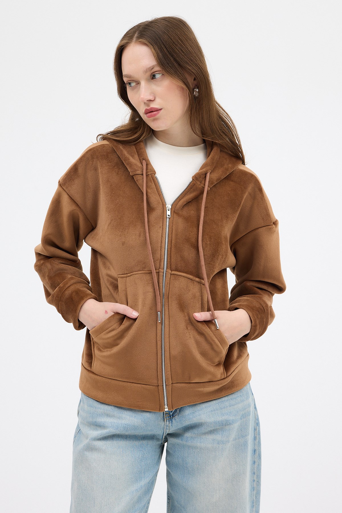 Taba Kadın Fermuarlı Kapüşonlu Sweatshirt 3059A 7