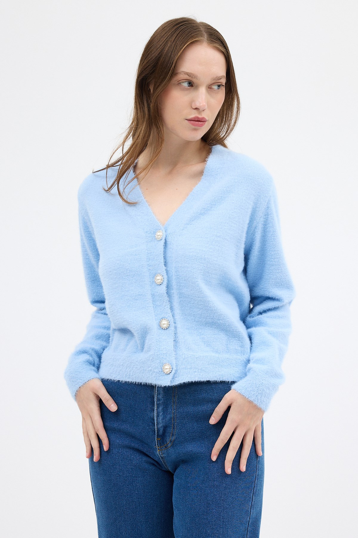 Bebe Mavi İnci Düğmeli Tüylü Kadın Crop Hırka 24170 6