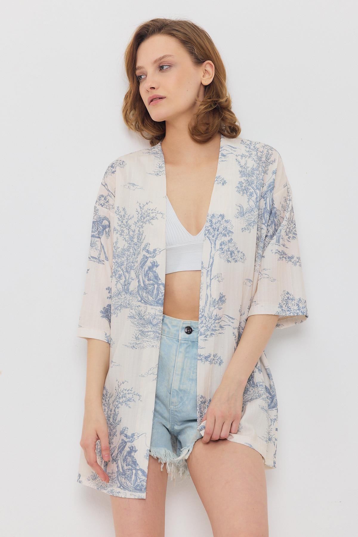 Çiçekli Kısa Kol Kimono 4441A Mavi 5
