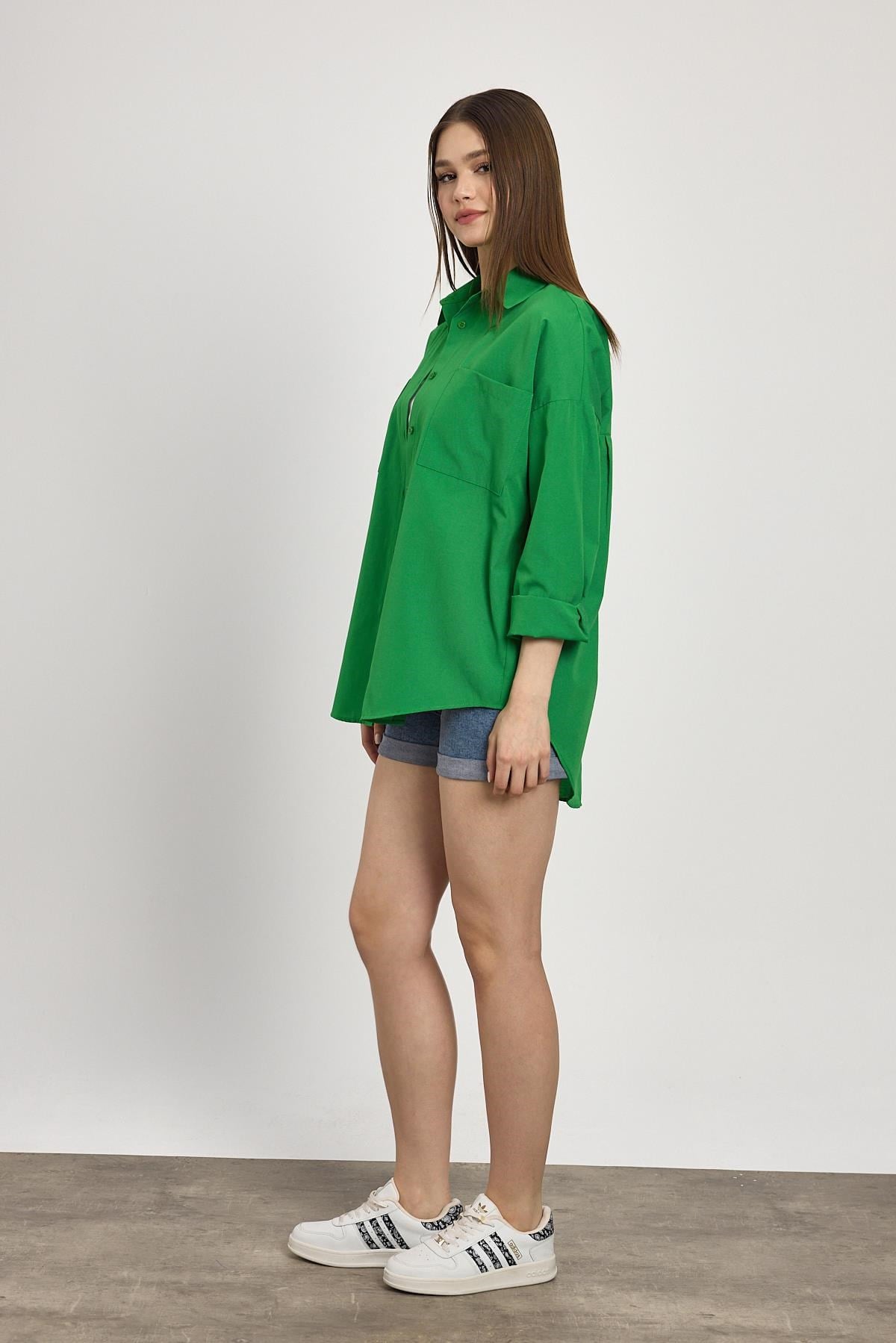 Benetton Yeşili Çift Cepli Oversize Uzun Basic Gömlek TCR 6256A 7