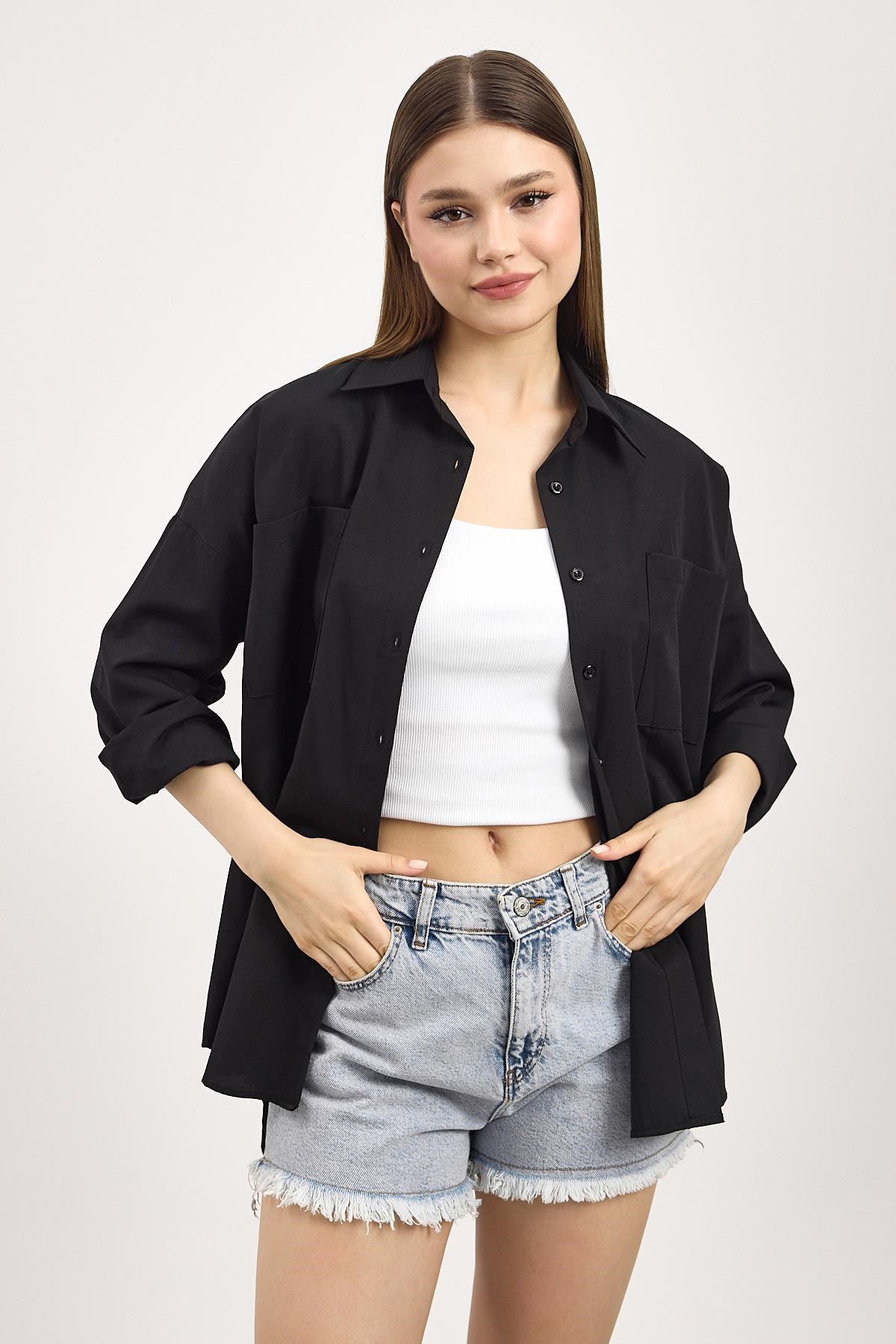 Siyah Çift Cepli Oversize Uzun Basic Gömlek TCR 6256A 2