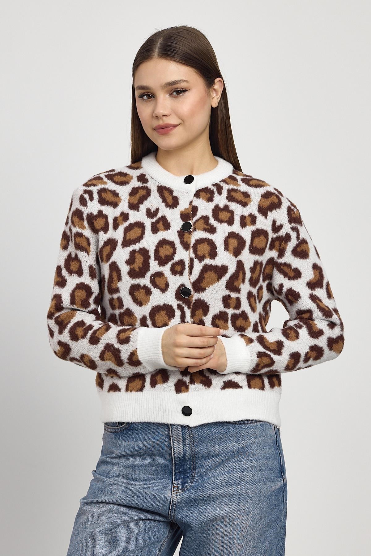 Leopar Detay Triko Hırka 24367 Ekru 3