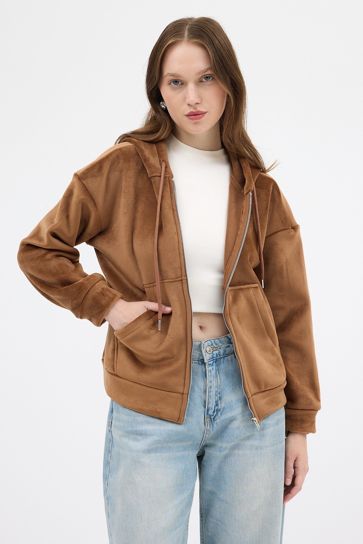 Taba Kadın Fermuarlı Kapüşonlu Sweatshirt 3059A
