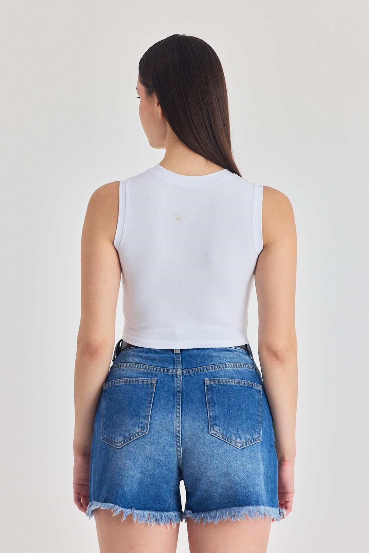 Beyaz Kolsuz Bisiklet Yaka Crop Atlet 318 5