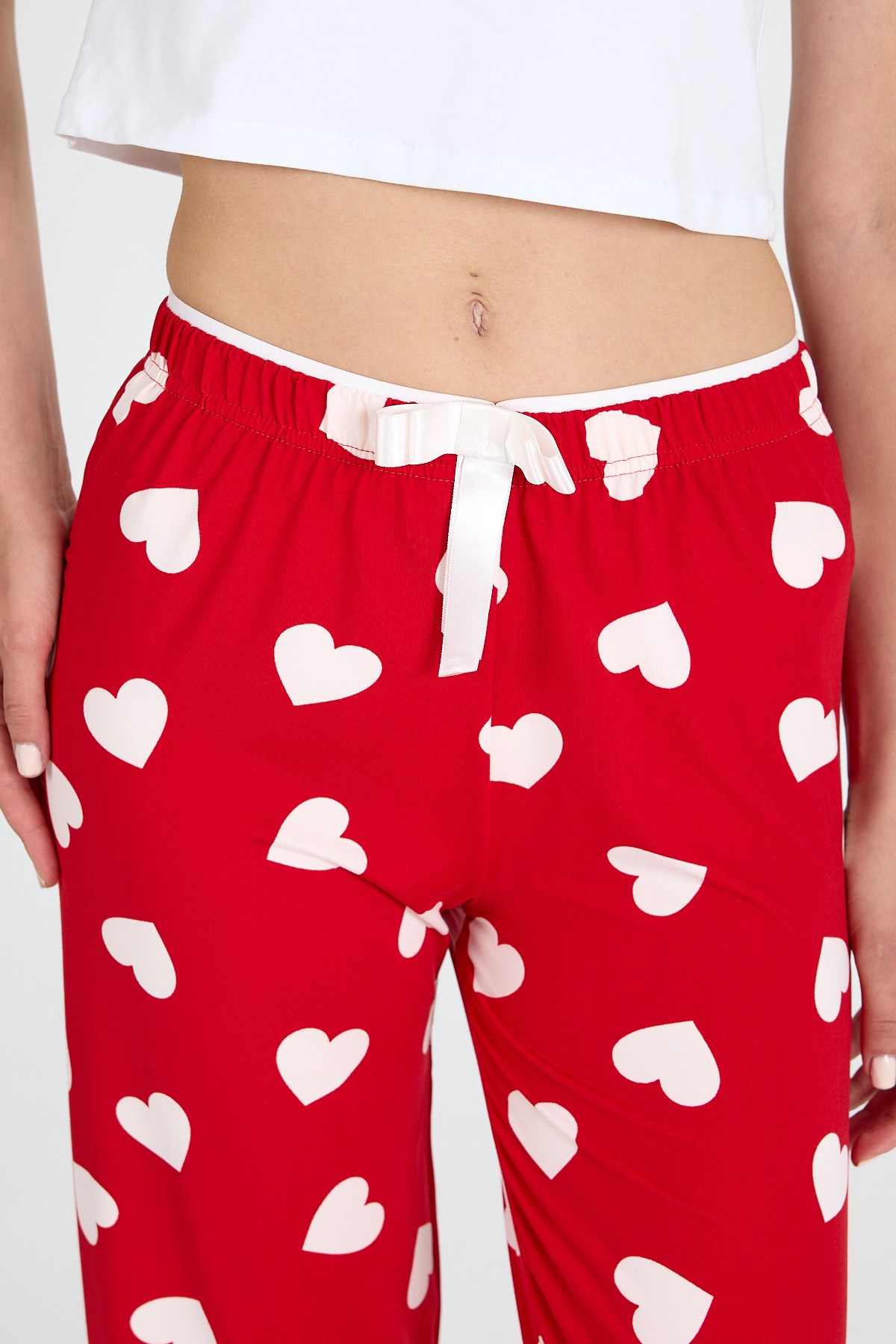 Kırmızı Kalp Desenli Örme Pijama Altı 4522 4