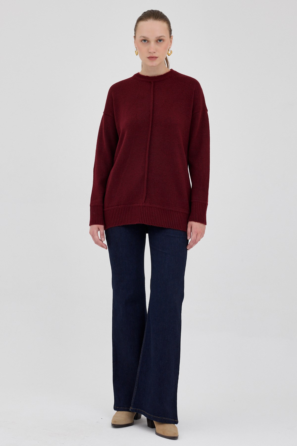 Bordo Oversize Bisiklet Yaka Kadın Kazak 2345 3