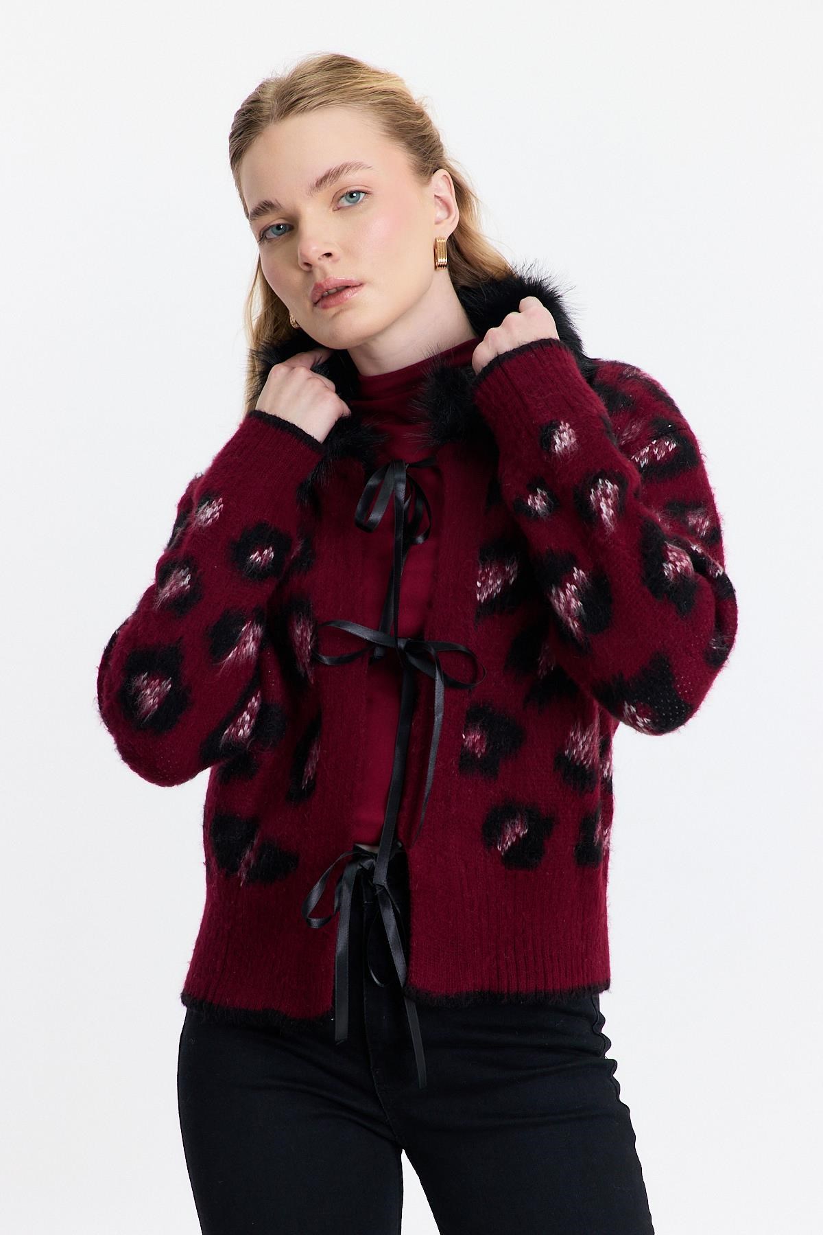 Kürklü Leopar Hırka 22289 Bordo 7