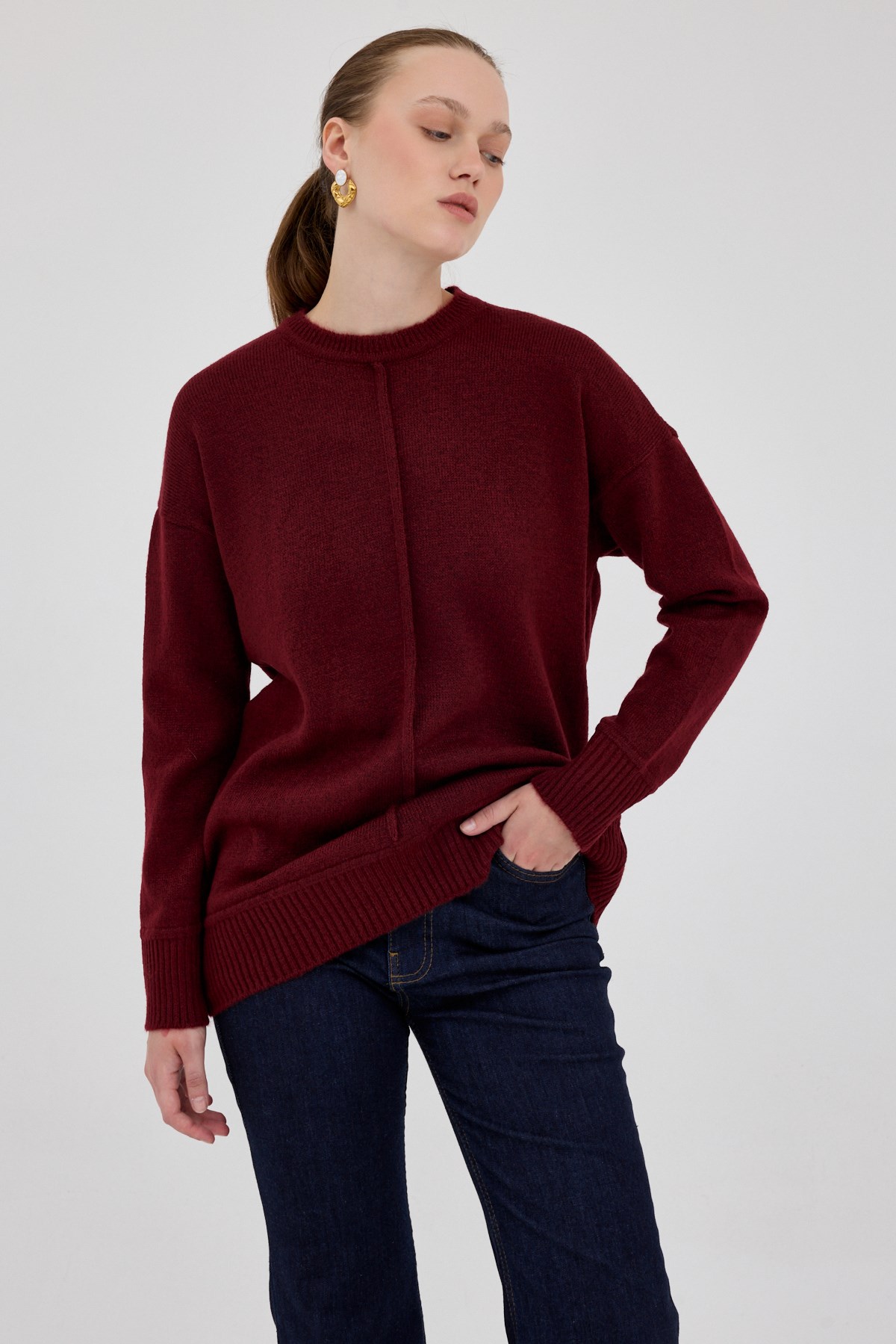 Bordo Oversize Bisiklet Yaka Kadın Kazak 2345 7