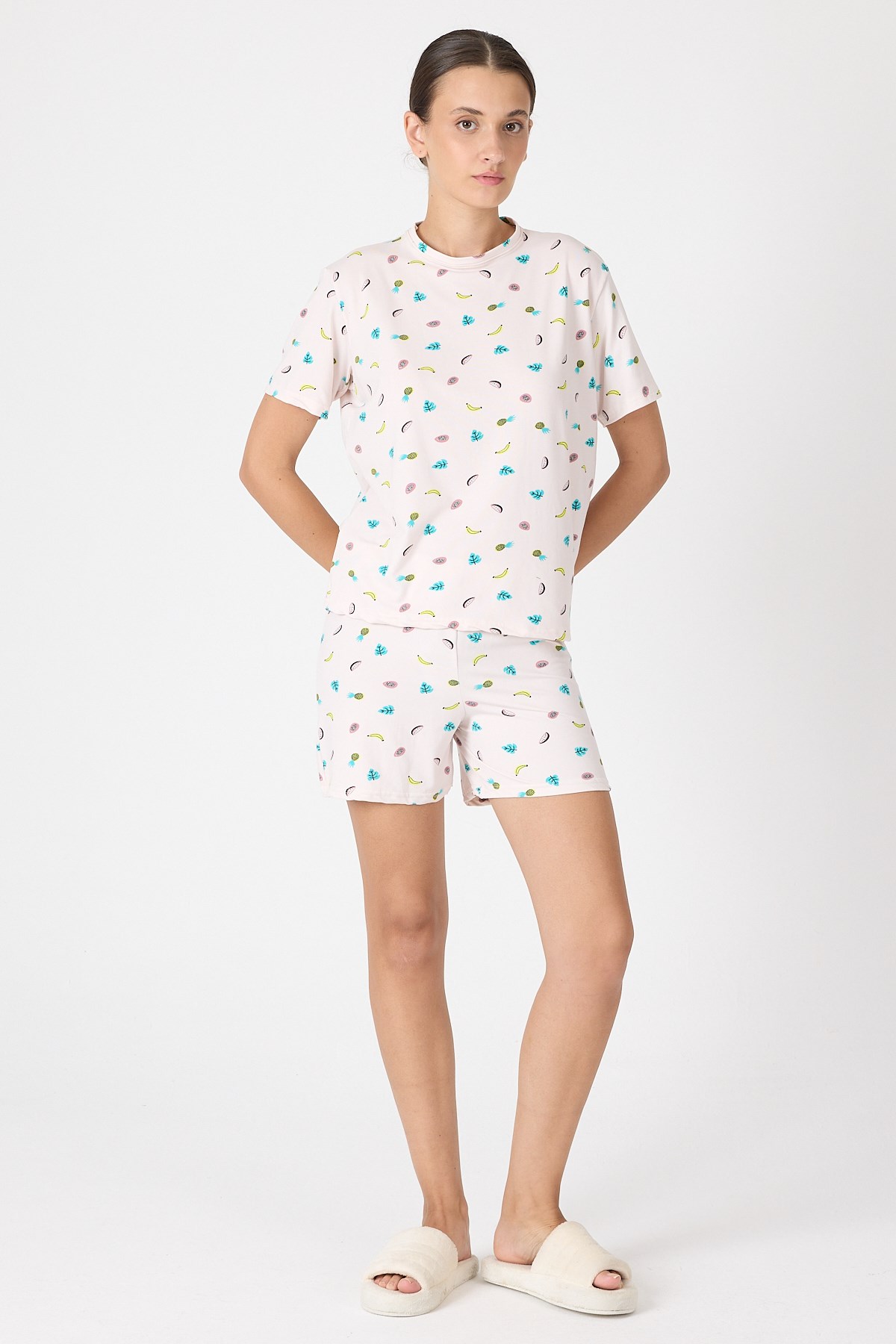 Toz Pembe  Meyve Desenli Kısa Kollu Pijama Takımı 3419
