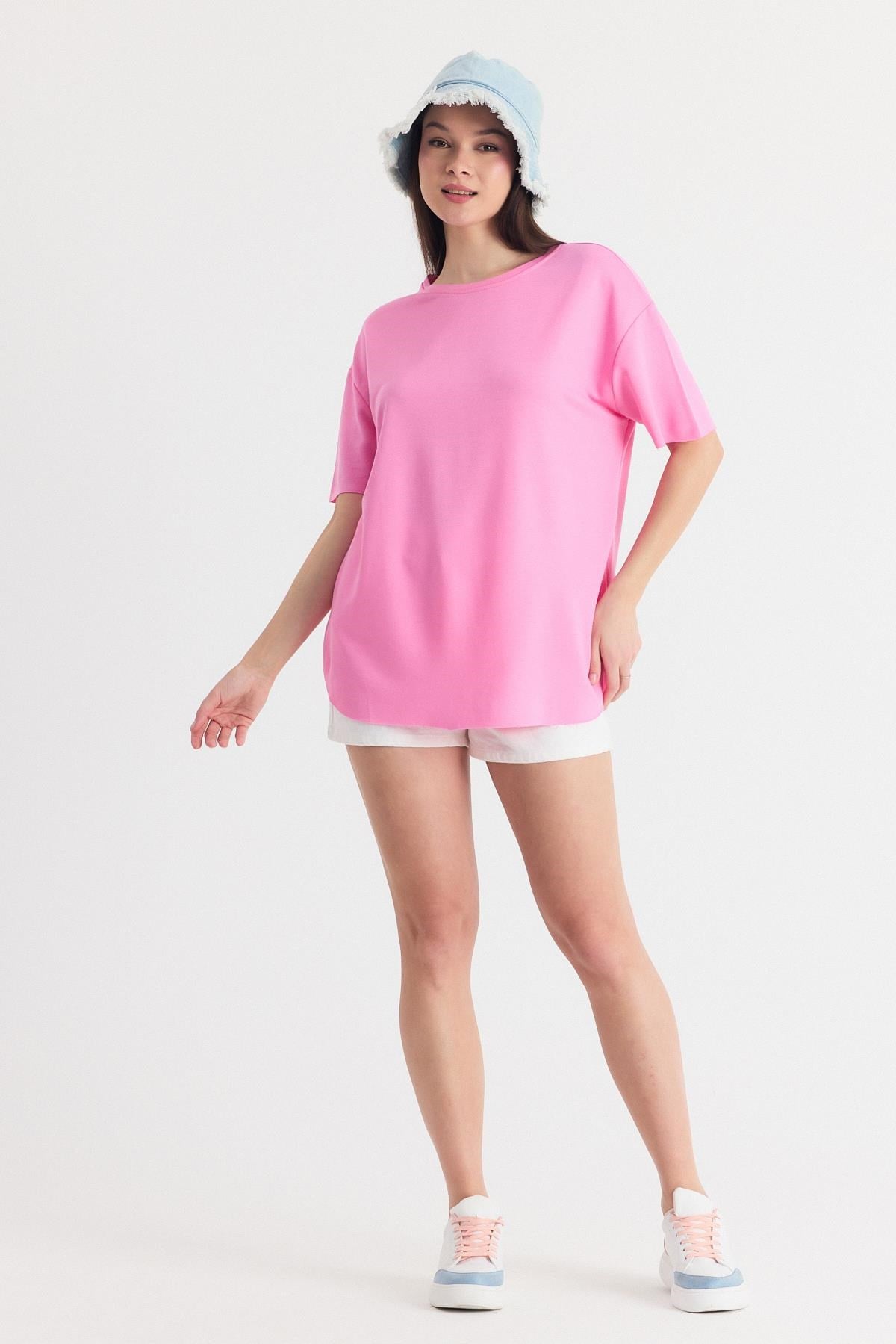 Pembe Yumuşak Dokulu Esnek Premium Kumaş Lazer Kesim Oversize Tişört 1868 2