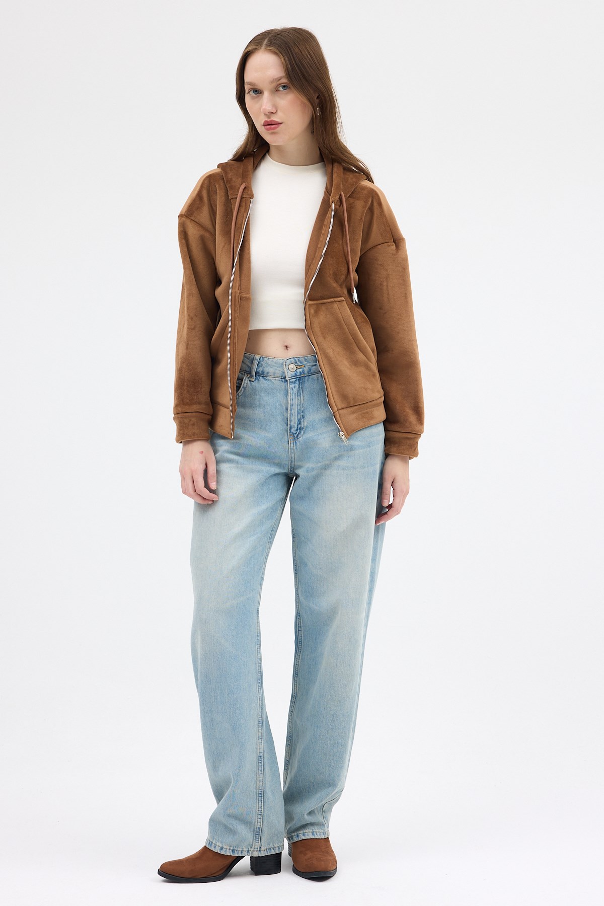 Taba Kadın Fermuarlı Kapüşonlu Sweatshirt 3059A 3