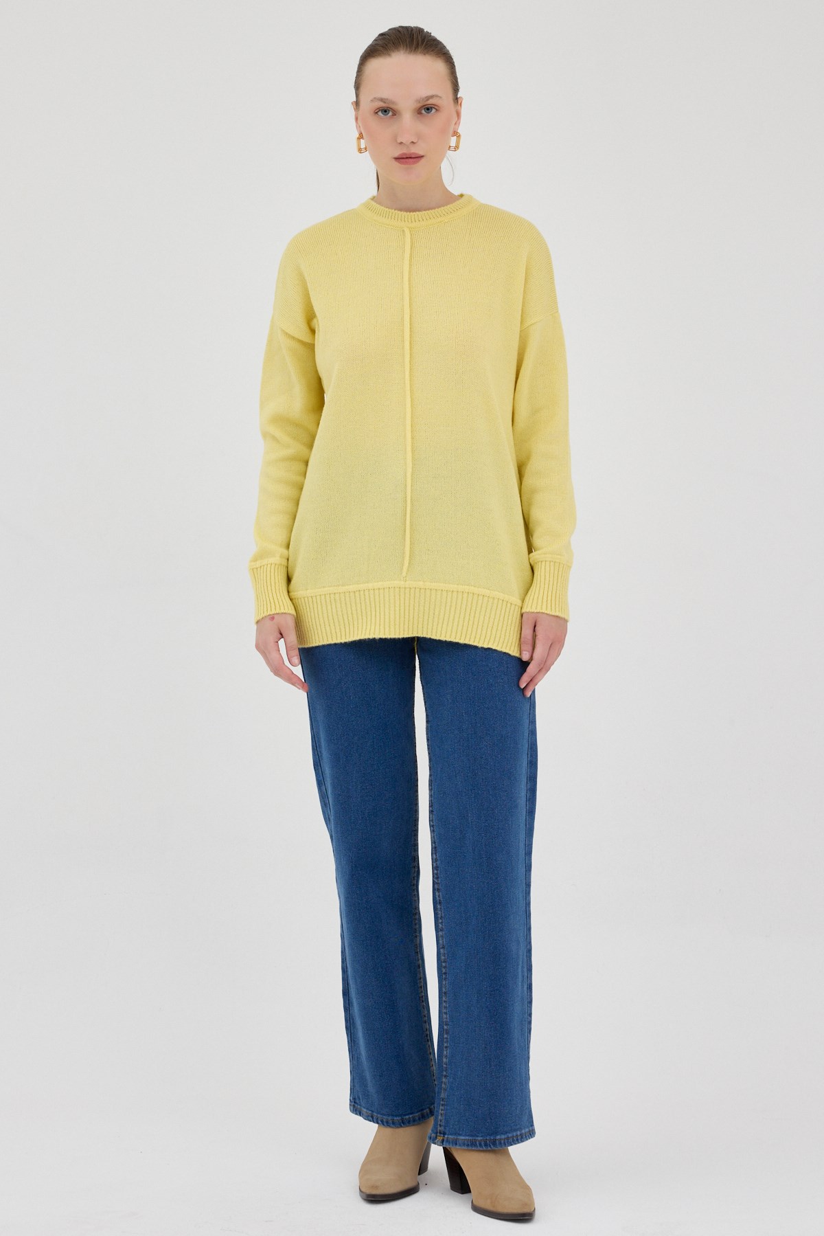 Sarı Oversize Bisiklet Yaka Kadın Kazak 2345 3