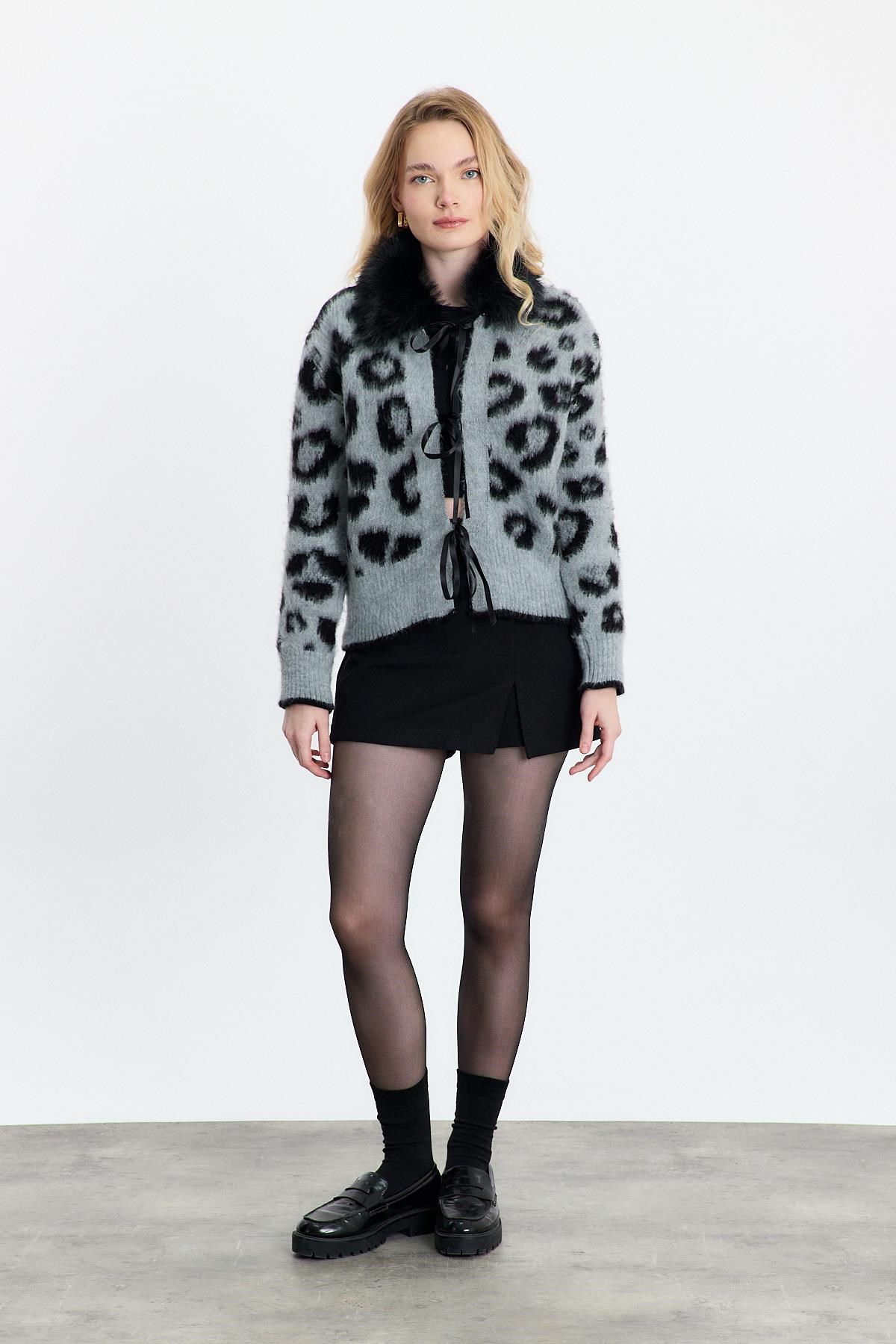 Kürklü Leopar Hırka 22289 Gri