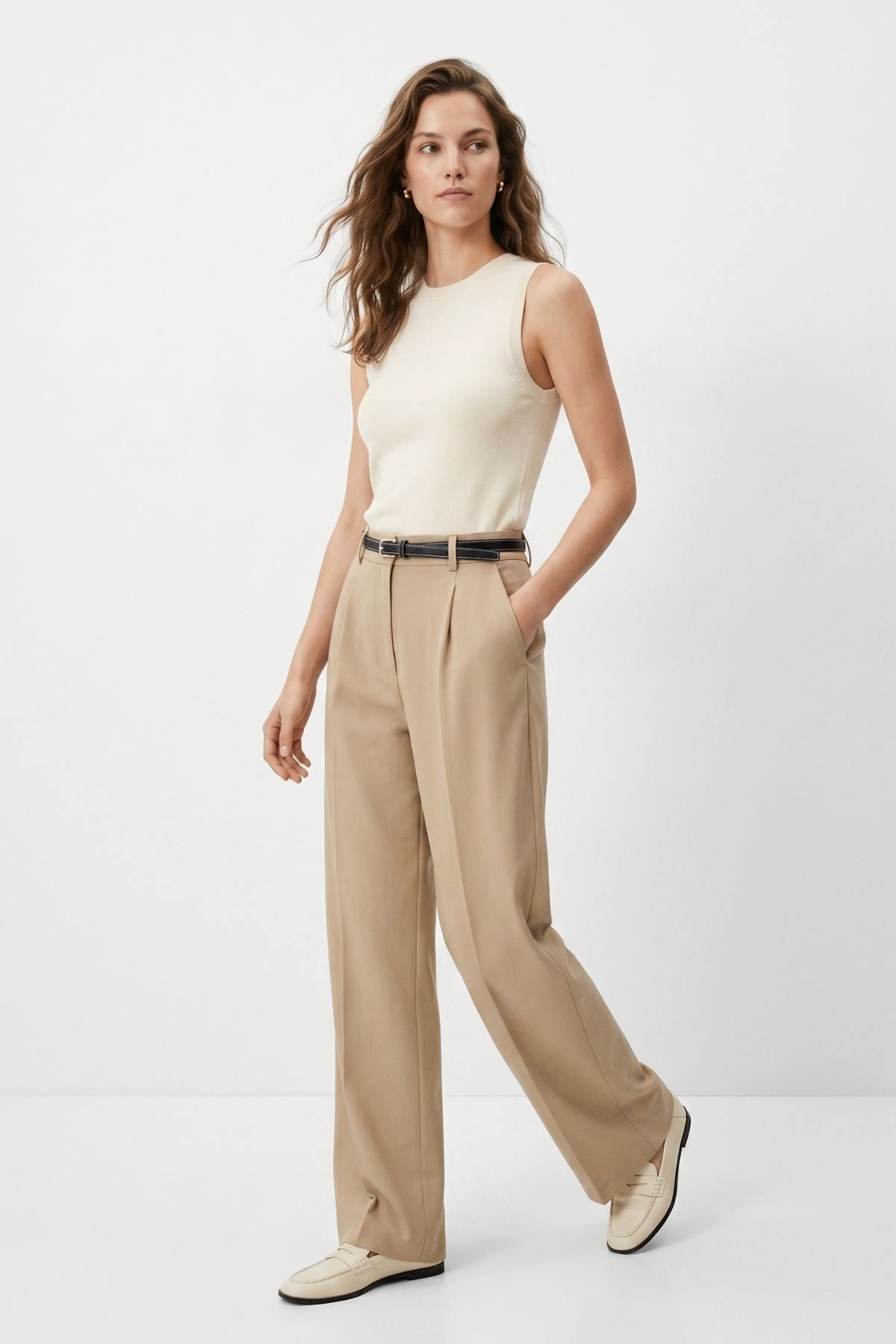 Ön Pileli Kemerli Pantolon 8399A Camel 2