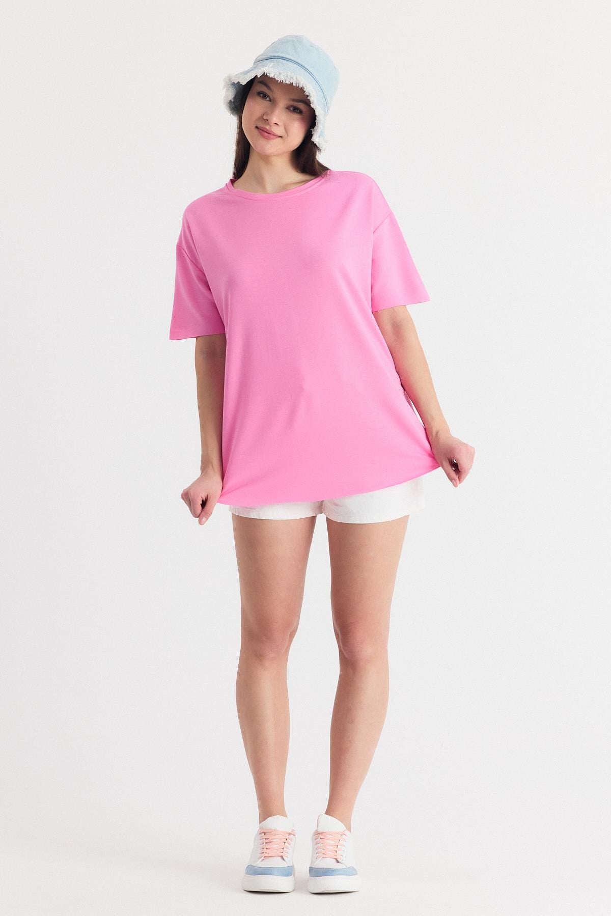 Pembe Yumuşak Dokulu Esnek Premium Kumaş Lazer Kesim Oversize Tişört 1868 7
