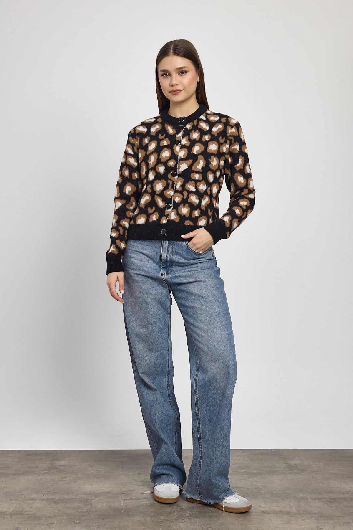 Leopar Detay Triko Hırka 24367 Siyah 2